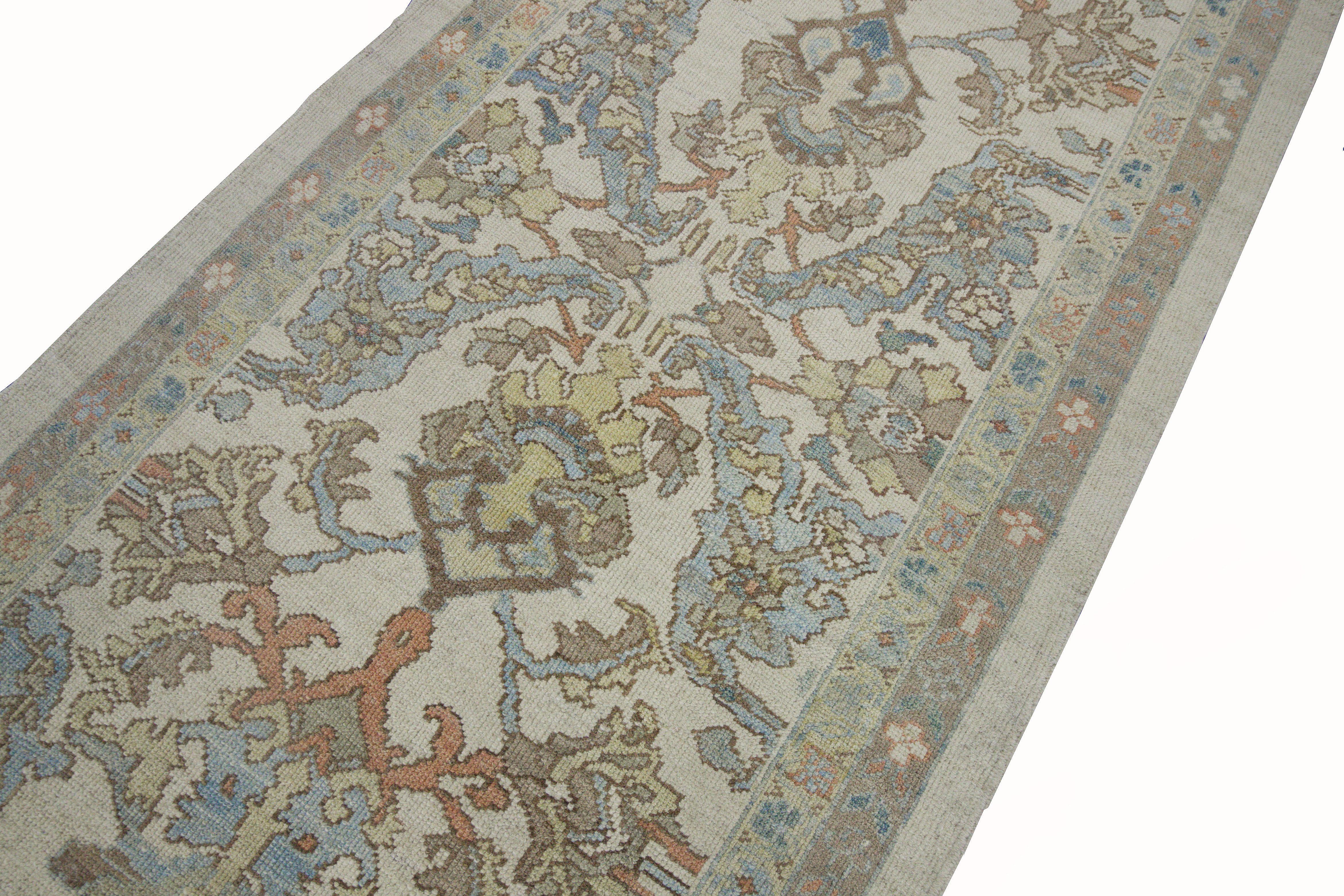 Contemporary Modern Turkish Oushak Runner Rug with Blue Floral Details on Ivory Field For Sale