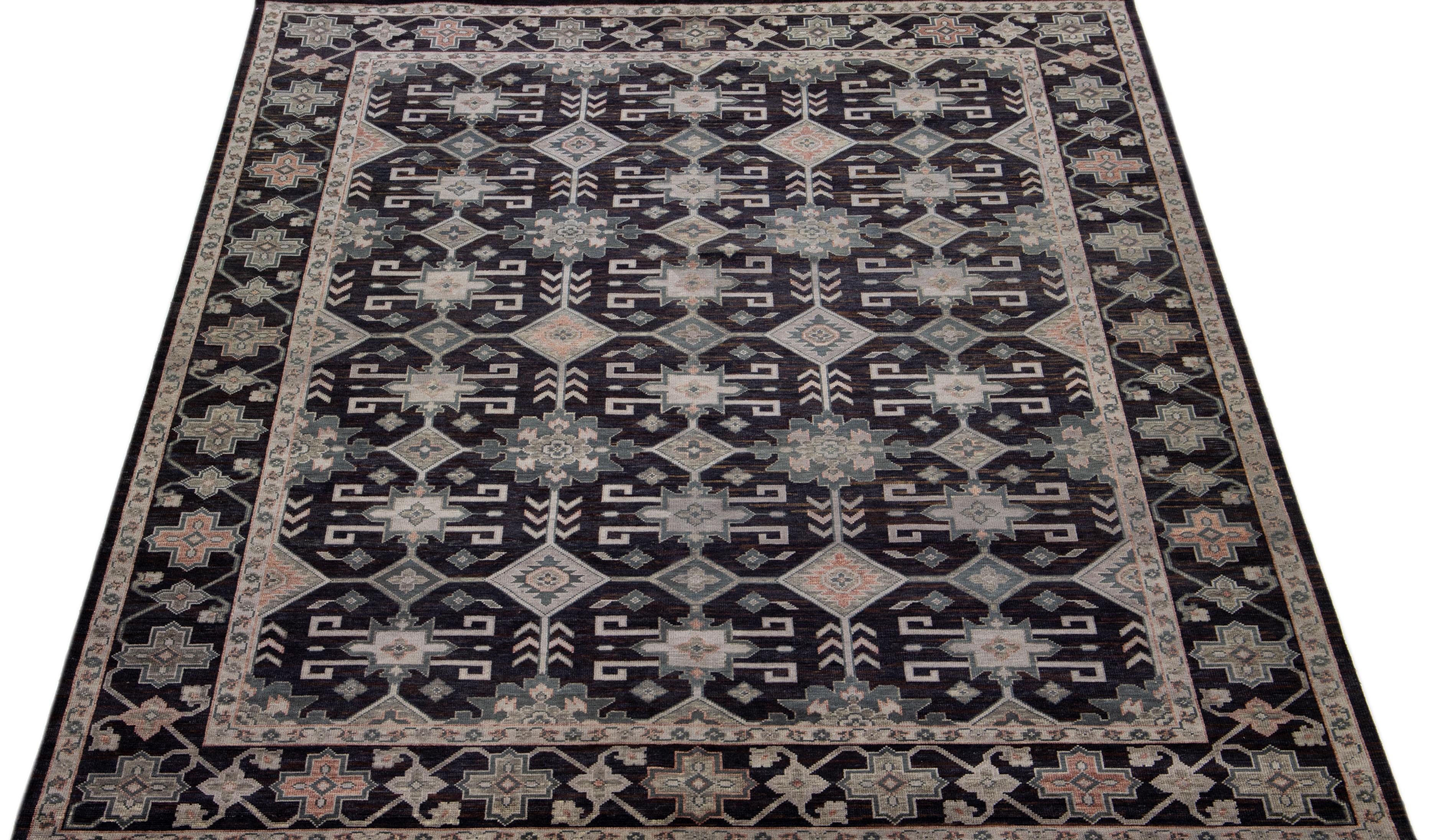 Hand-Knotted Modern Turkish Oushak Style Handmade Charcoal Wool Rug with Geometric Design For Sale