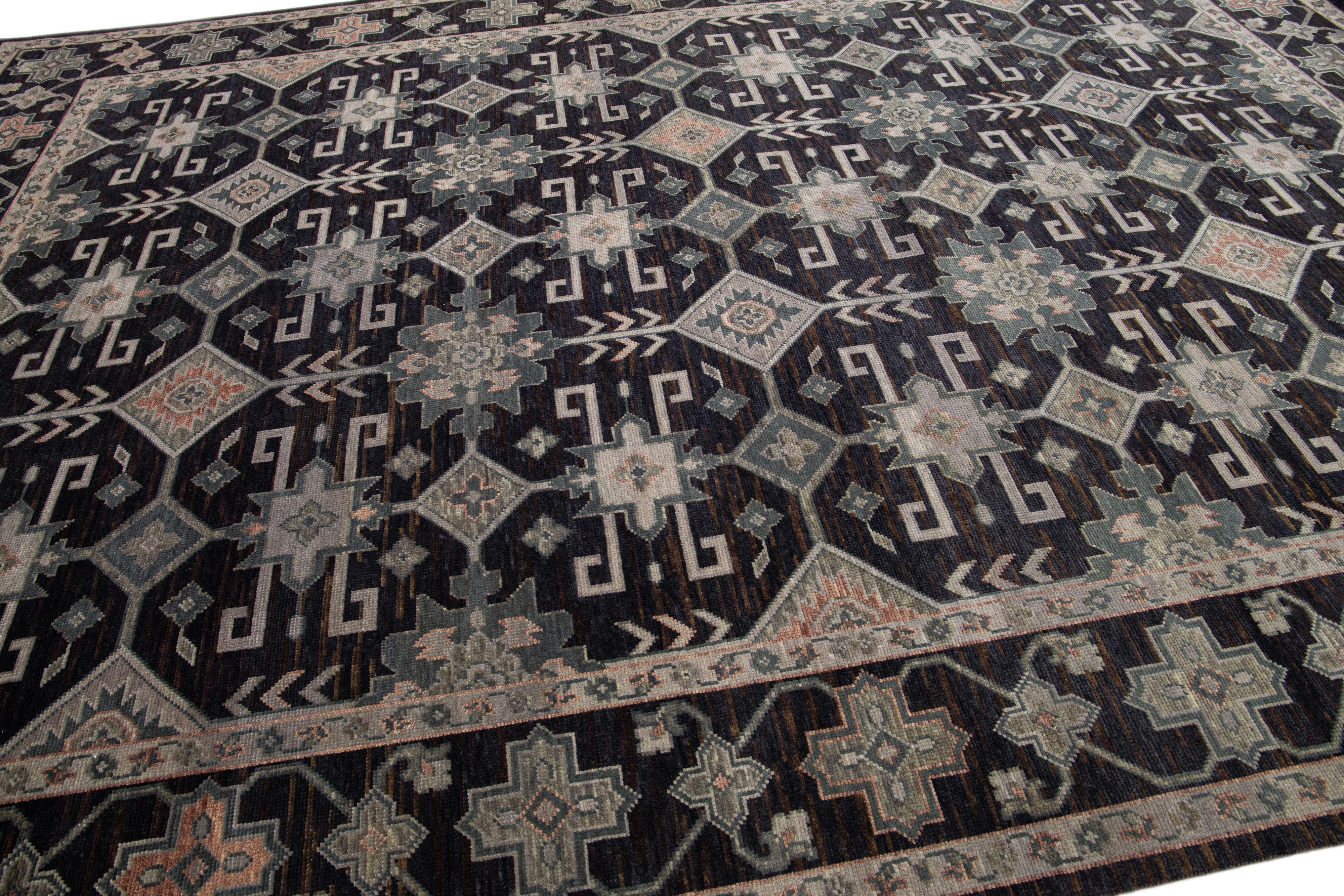 Modern Turkish Oushak Style Handmade Charcoal Wool Rug with Geometric Design In New Condition For Sale In Norwalk, CT