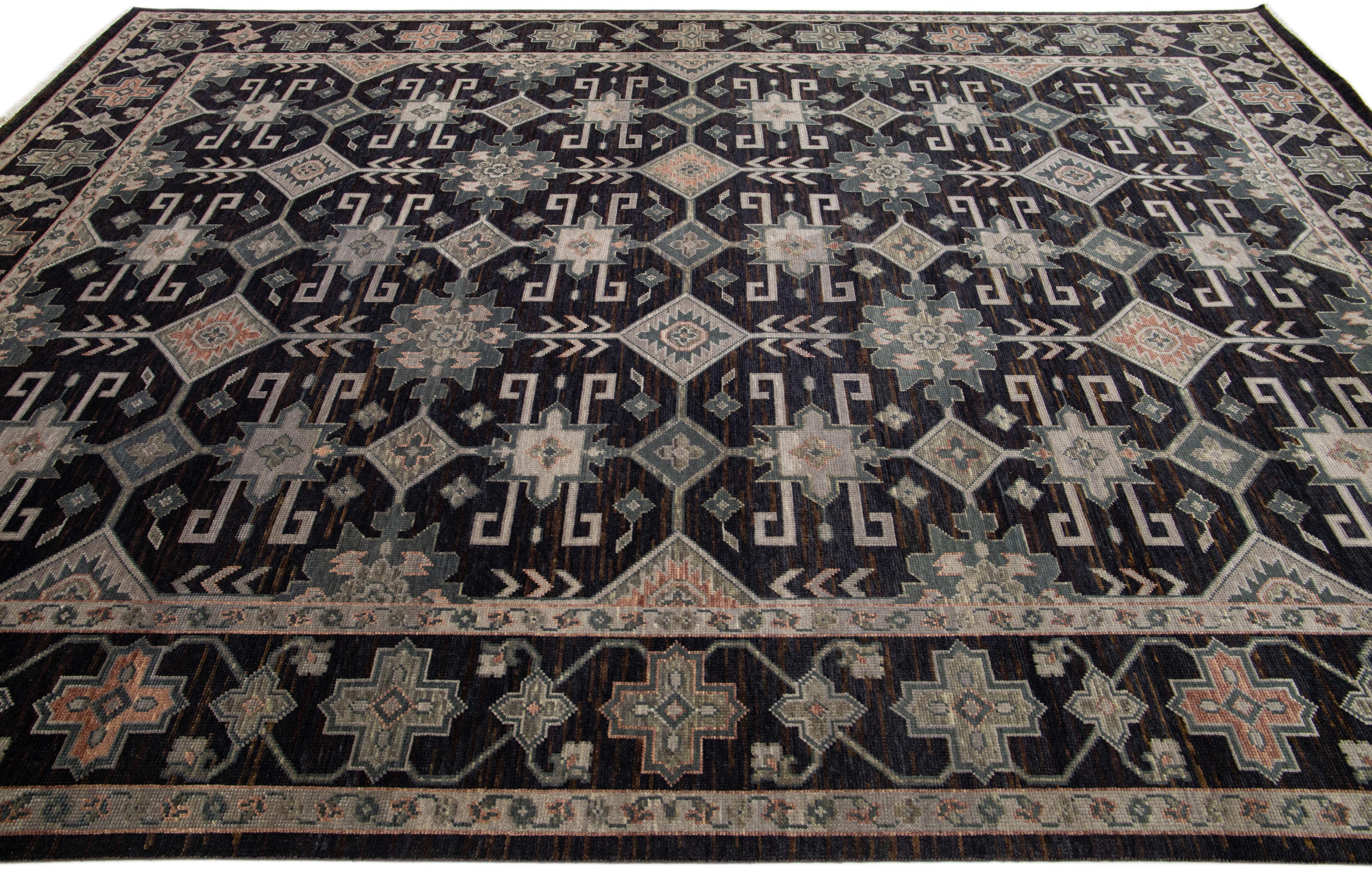 Contemporary Modern Turkish Oushak Style Handmade Charcoal Wool Rug with Geometric Design For Sale