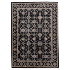 Tappeto moderno in lana antracite fatto a mano in stile turco Oushak con design geometrico