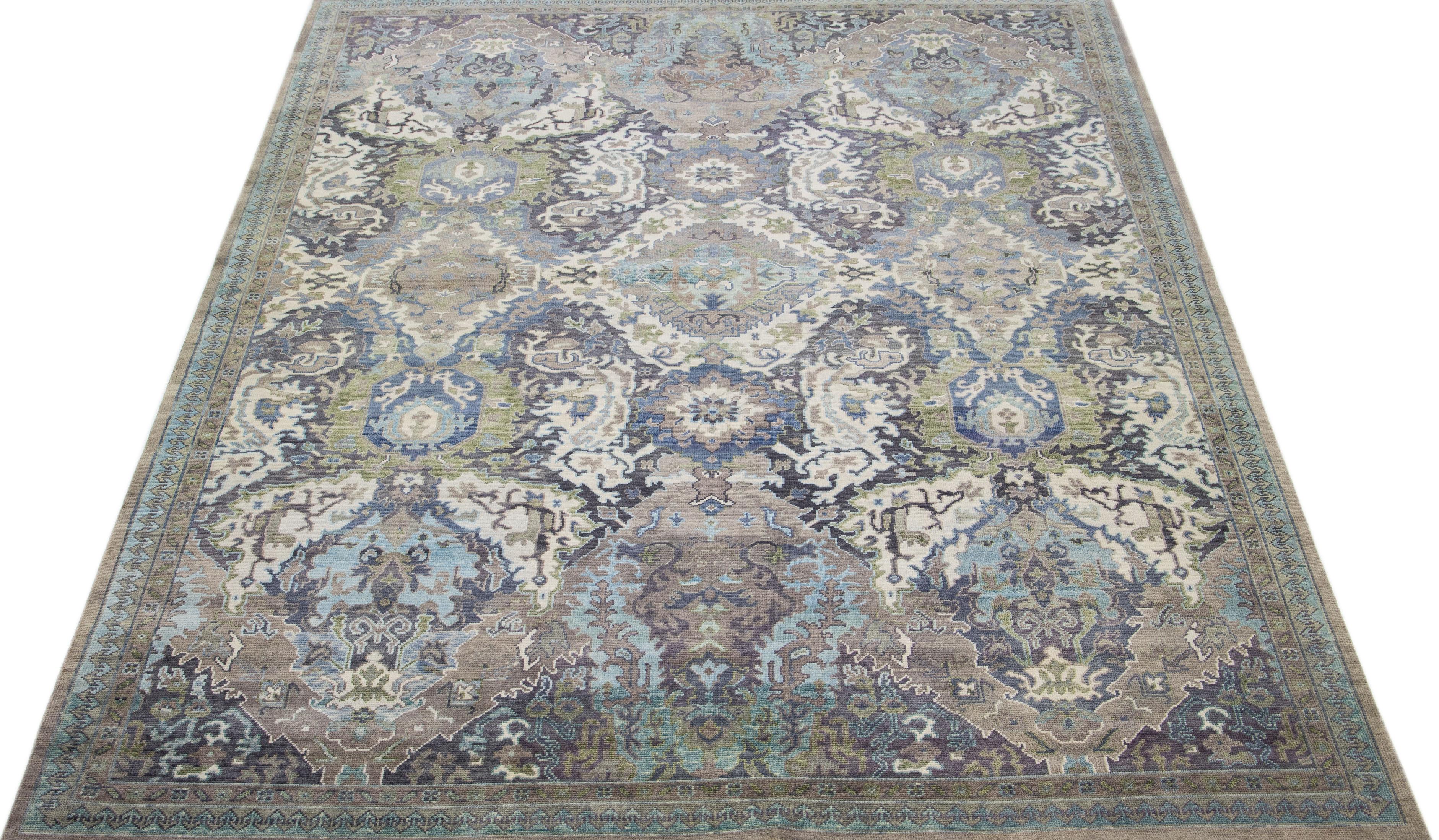 Indian Modern Turkish Oushak Style Handmade Gray & Blue Wool Rug with Allover Pattern For Sale