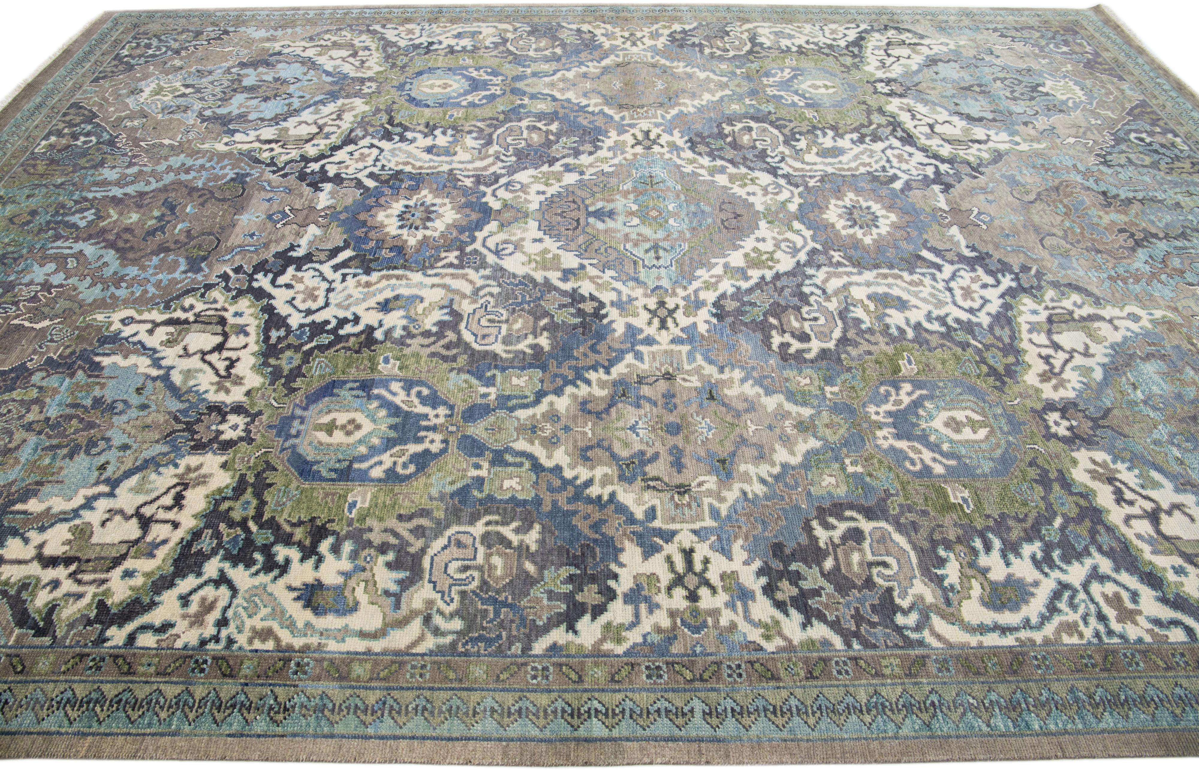 Modern Turkish Oushak Style Handmade Gray & Blue Wool Rug with Allover Pattern In New Condition For Sale In Norwalk, CT