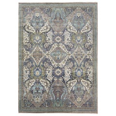 Tappeto moderno in lana grigio e blu fatto a mano in stile Oushak turco con motivo alllover