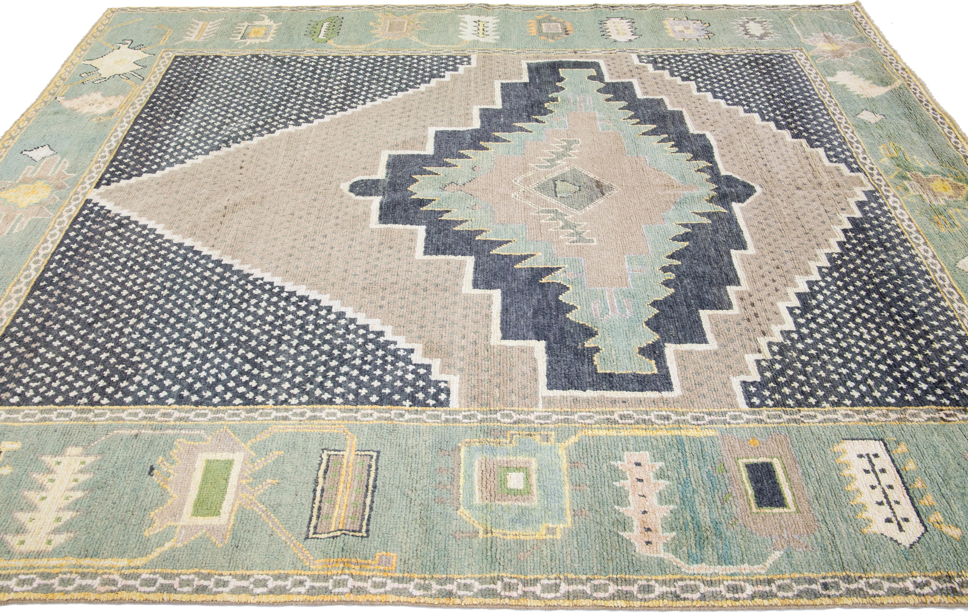 Contemporary Modern Turkish Oushak Tan And Green Handmade Designed Wool Rug For Sale