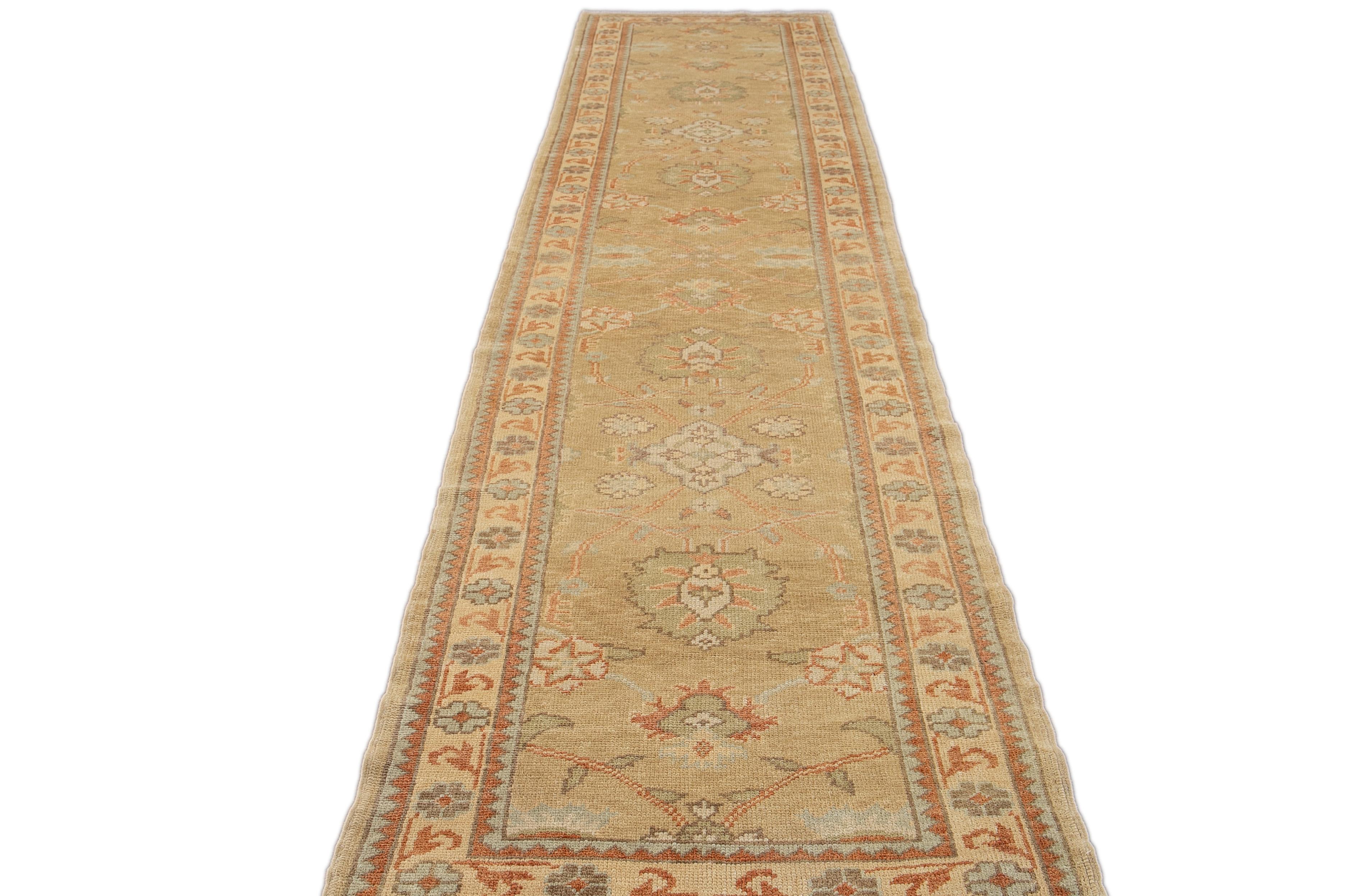 Hand-Knotted Modern Turkish Oushak Tan and Orange Handmade Floral Wool Runner For Sale
