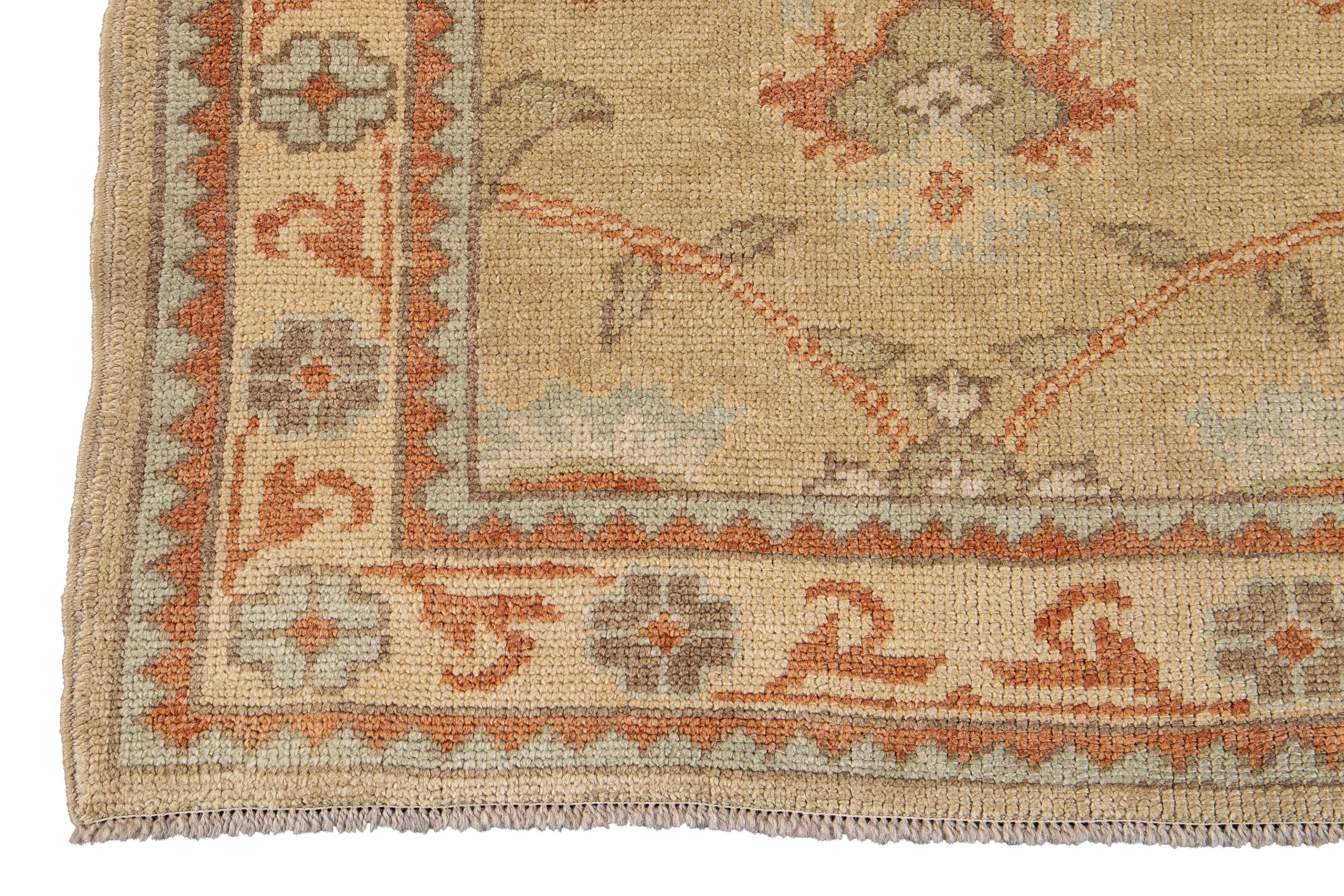 Modern Turkish Oushak Tan and Orange Handmade Floral Wool Runner In New Condition For Sale In Norwalk, CT