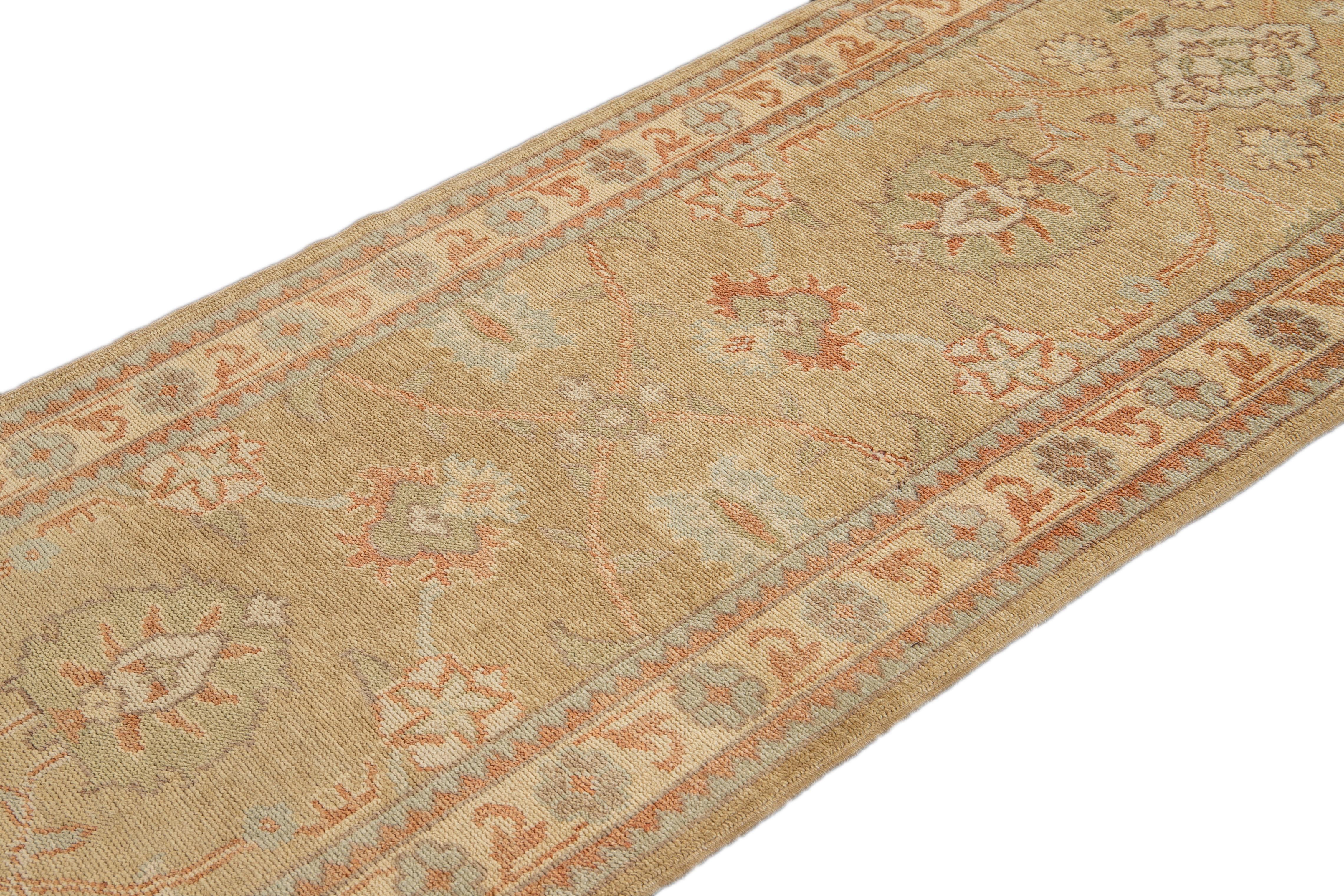 Contemporary Modern Turkish Oushak Tan and Orange Handmade Floral Wool Runner For Sale