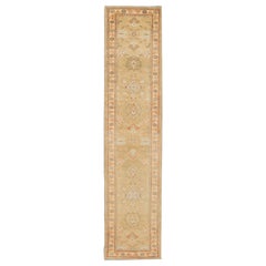 Modern Turkish Oushak Tan and Orange Handmade Floral Wool Runner