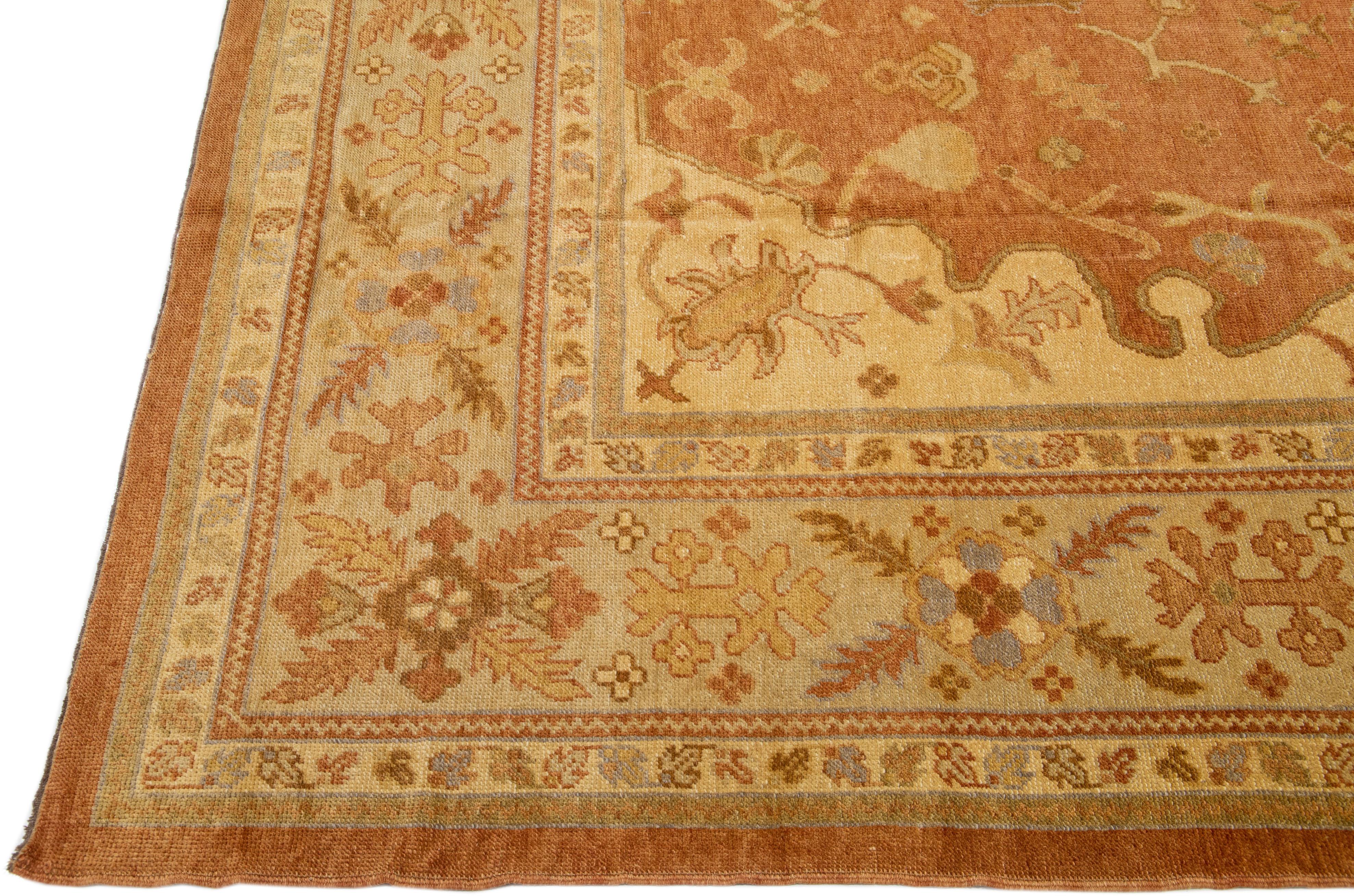 Hand-Knotted Modern Turkish Oushak Tan Handmade Wool Rug with Allover Design For Sale