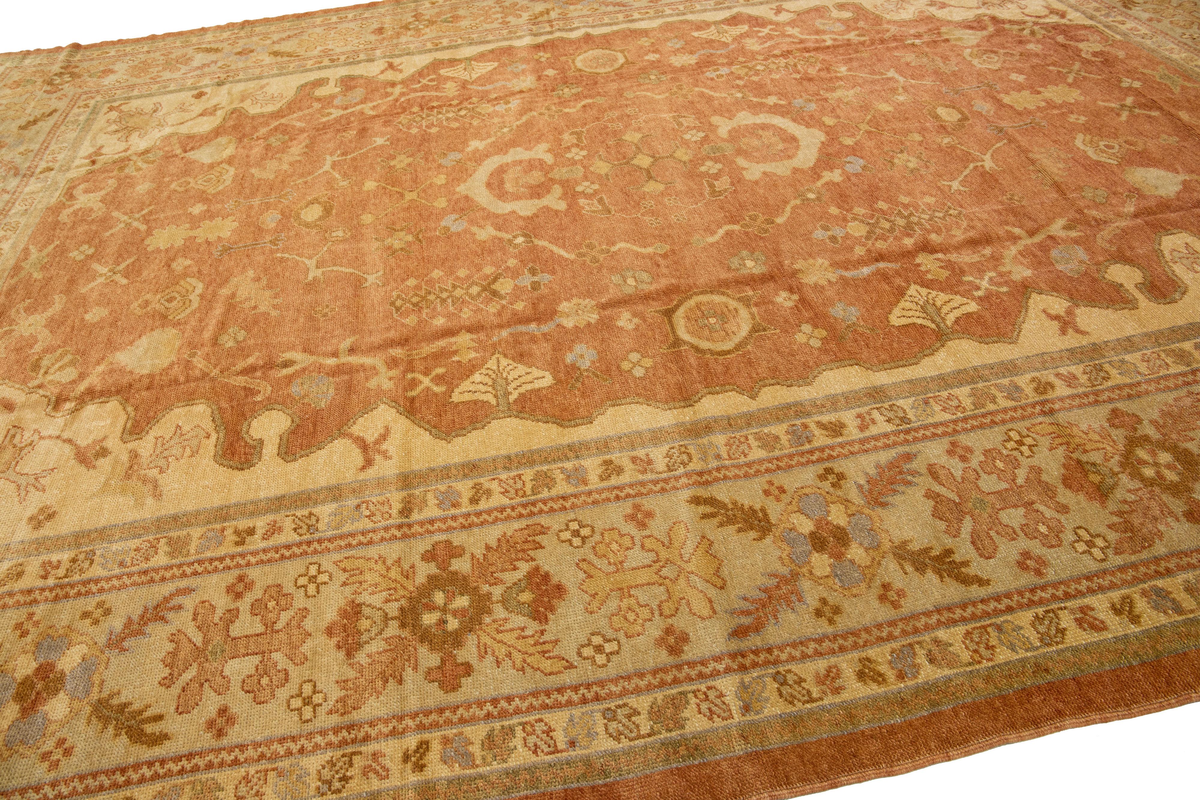 Modern Turkish Oushak Tan Handmade Wool Rug with Allover Design In New Condition For Sale In Norwalk, CT