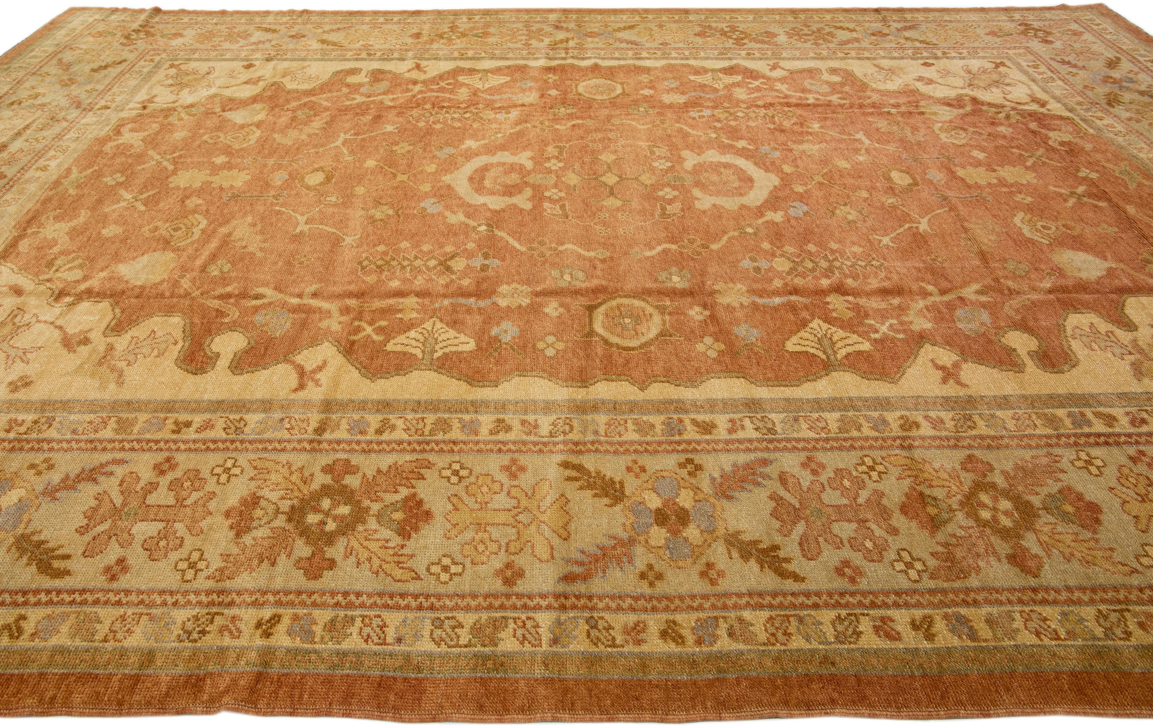 Contemporary Modern Turkish Oushak Tan Handmade Wool Rug with Allover Design For Sale