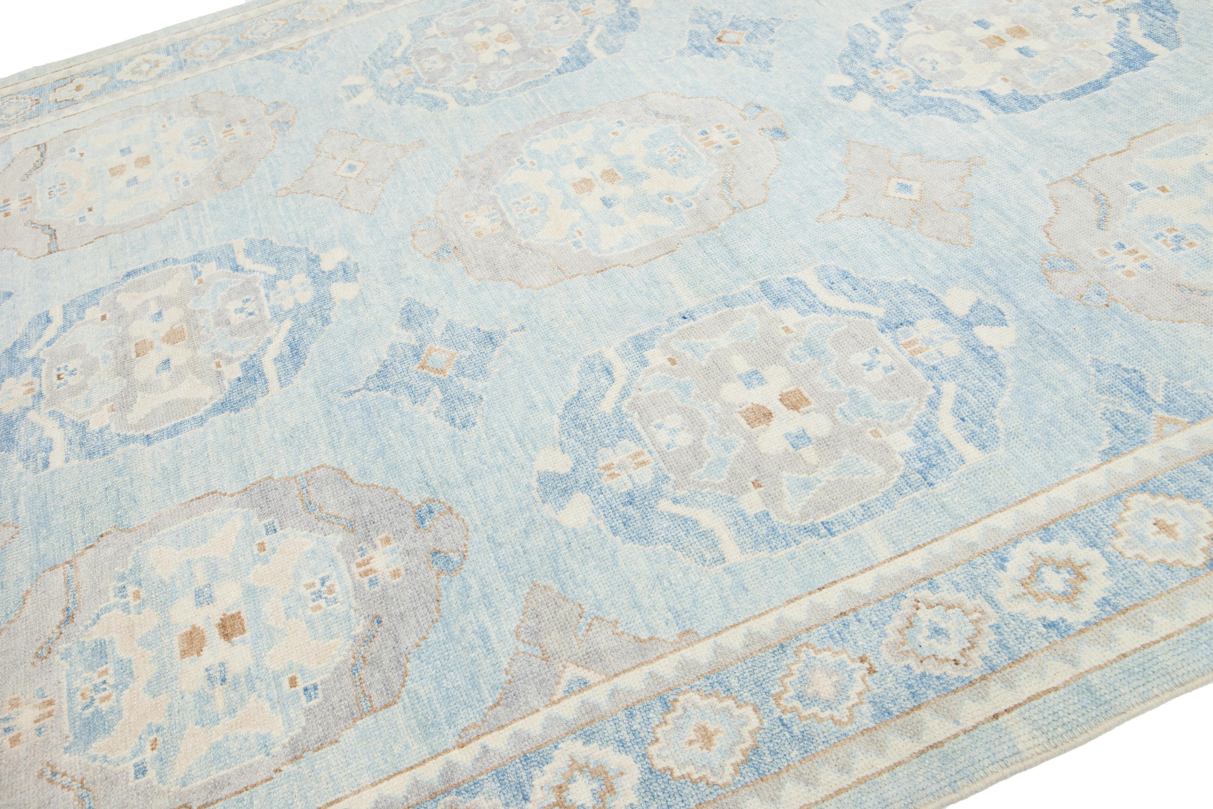 Modern Turkish Oushak Wool Rug In Light Blue With Floral Pattern In New Condition For Sale In Norwalk, CT