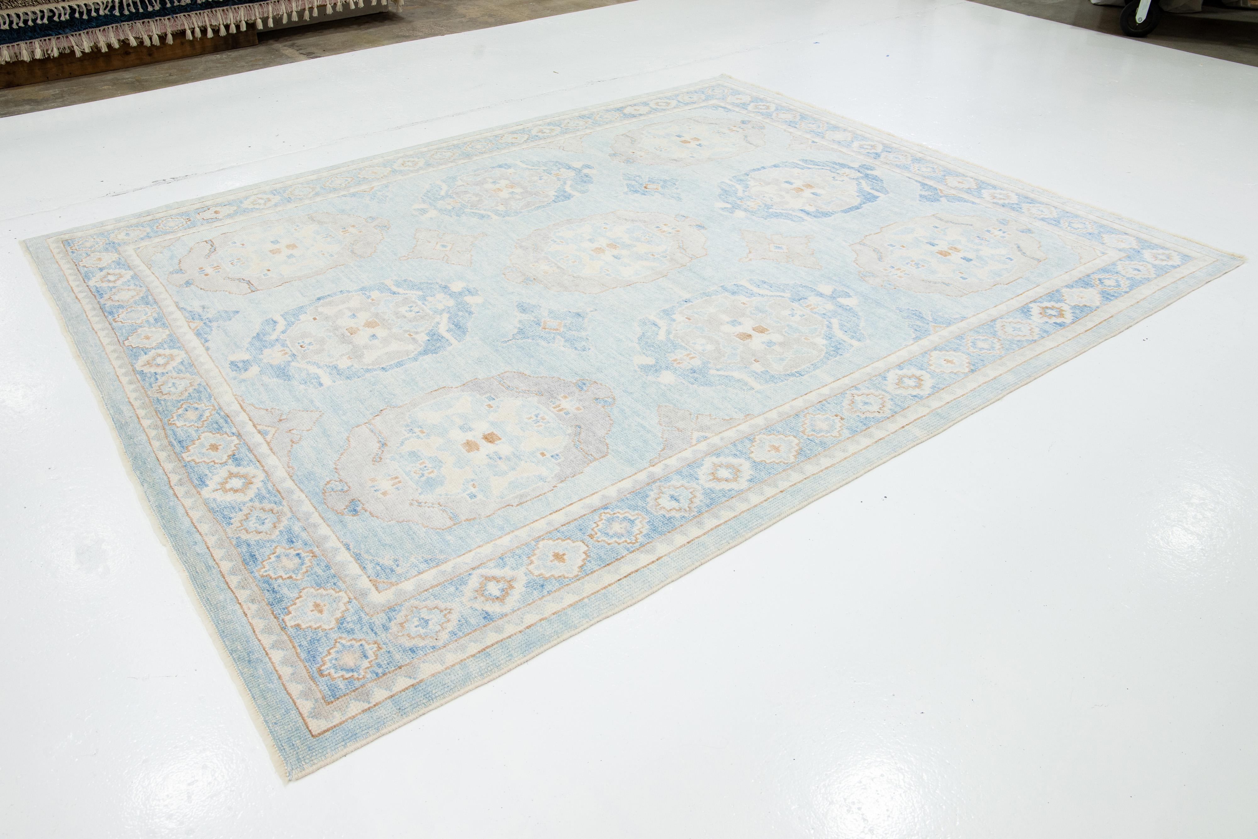 Contemporary Modern Turkish Oushak Wool Rug In Light Blue With Floral Pattern For Sale