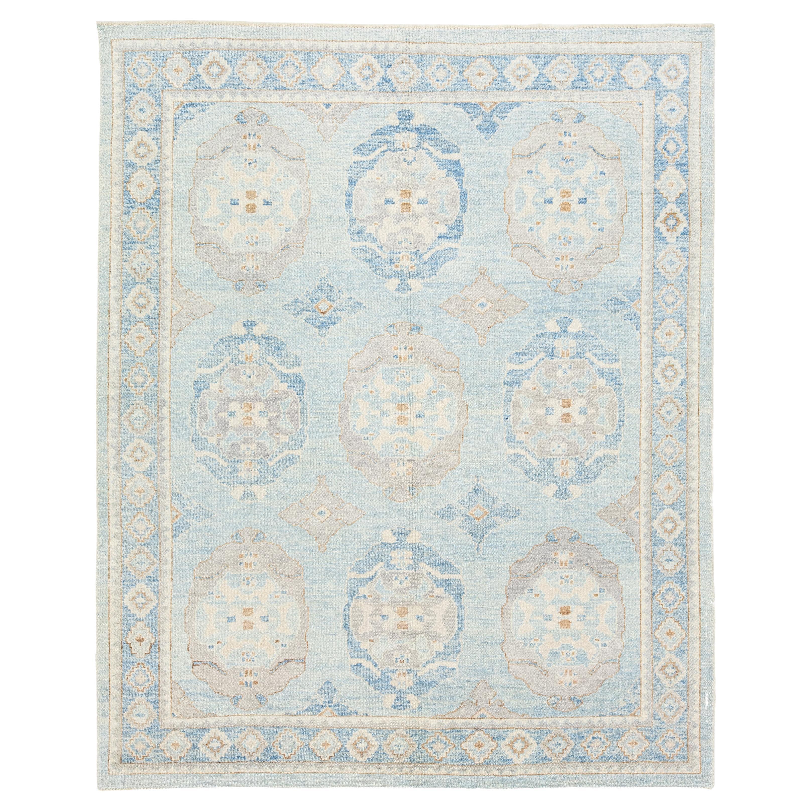 Modern Turkish Oushak Wool Rug In Light Blue With Floral Pattern