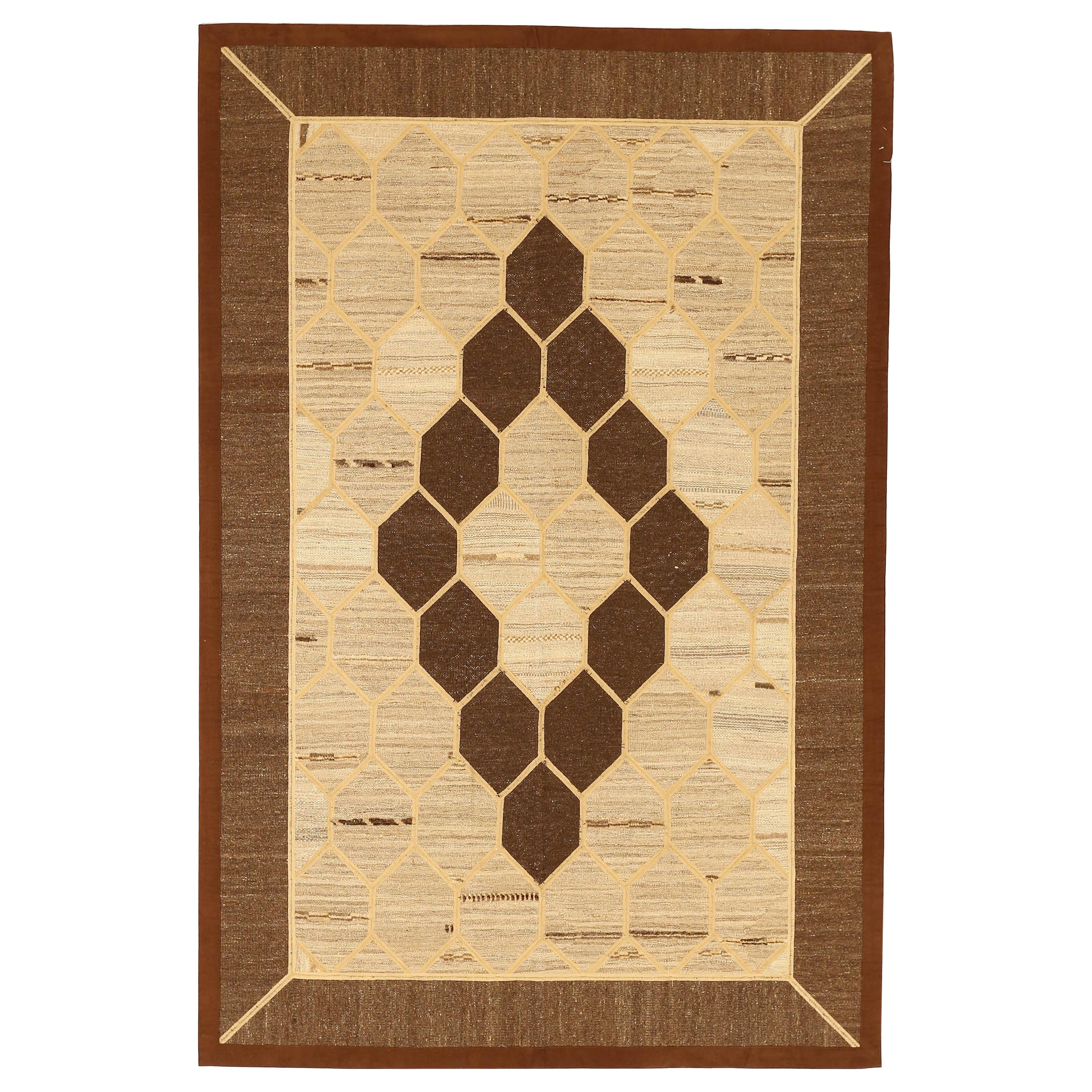 Modern Turkish Patch Kilim Rug with Brown and Ivory Beehive Pattern