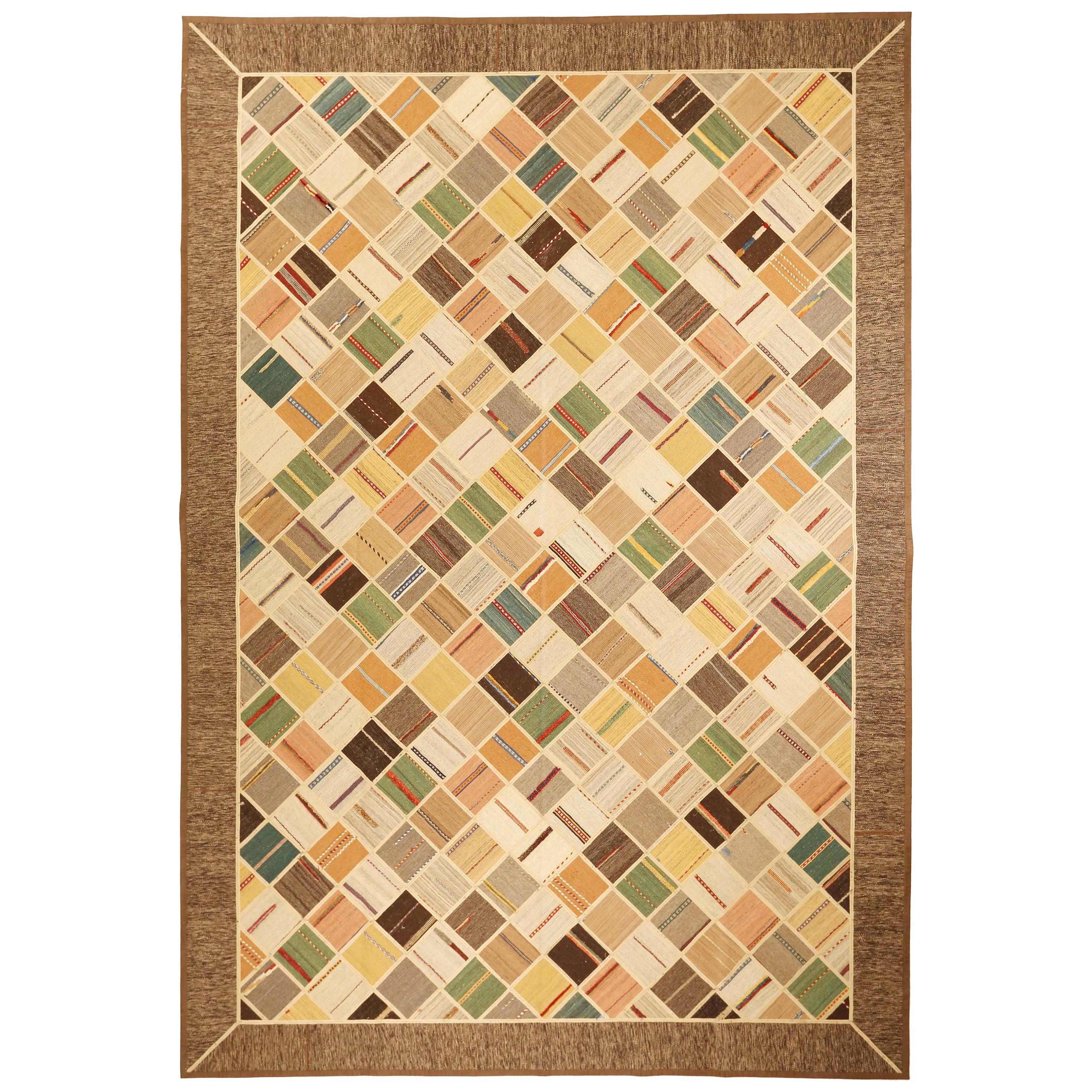 Modern Turkish Patch Kilim Rug with Colored Diagonal Tile Patterns For Sale