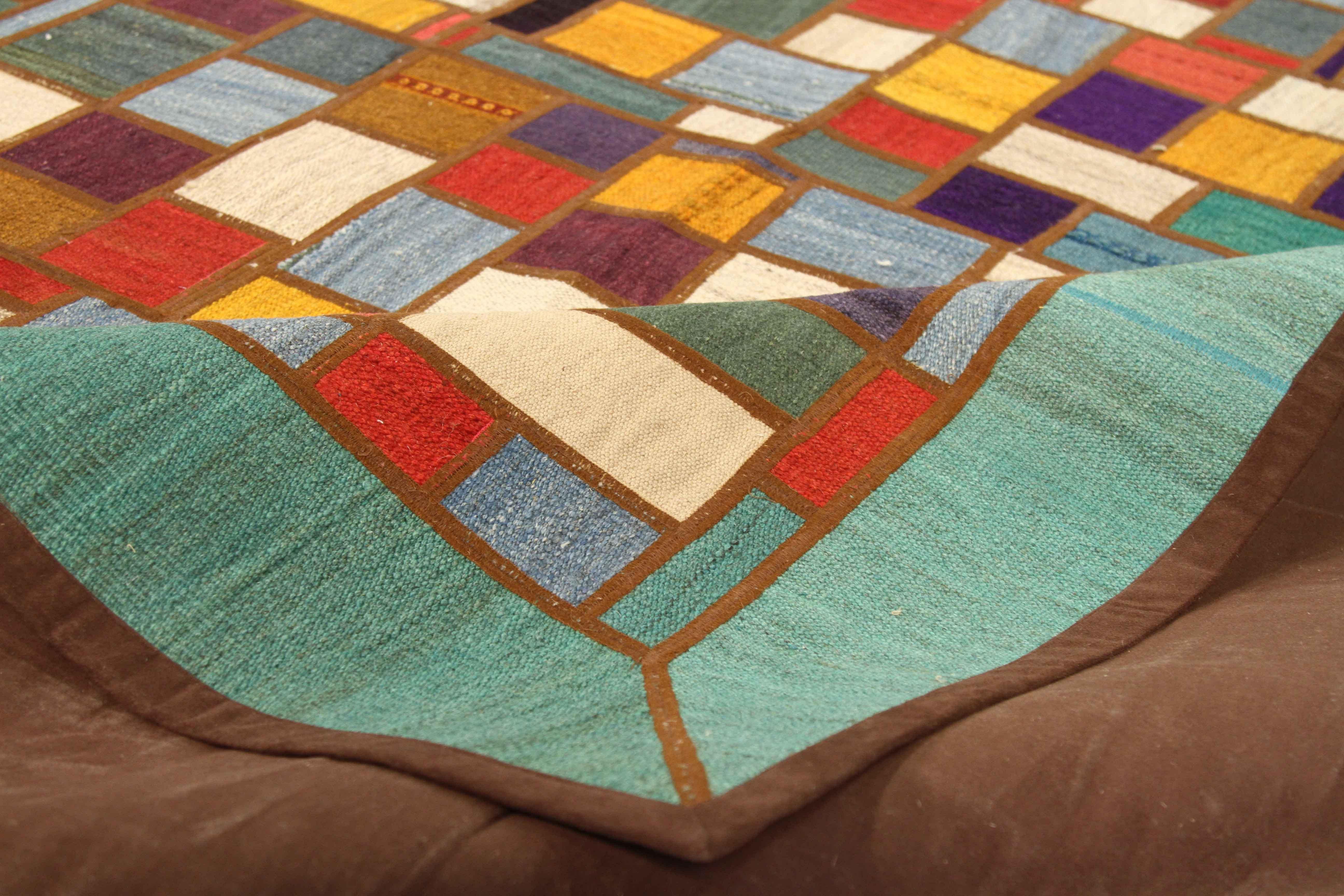 Modern Turkish Patch Kilim Rug with Colored Squares Pattern In New Condition For Sale In Dallas, TX