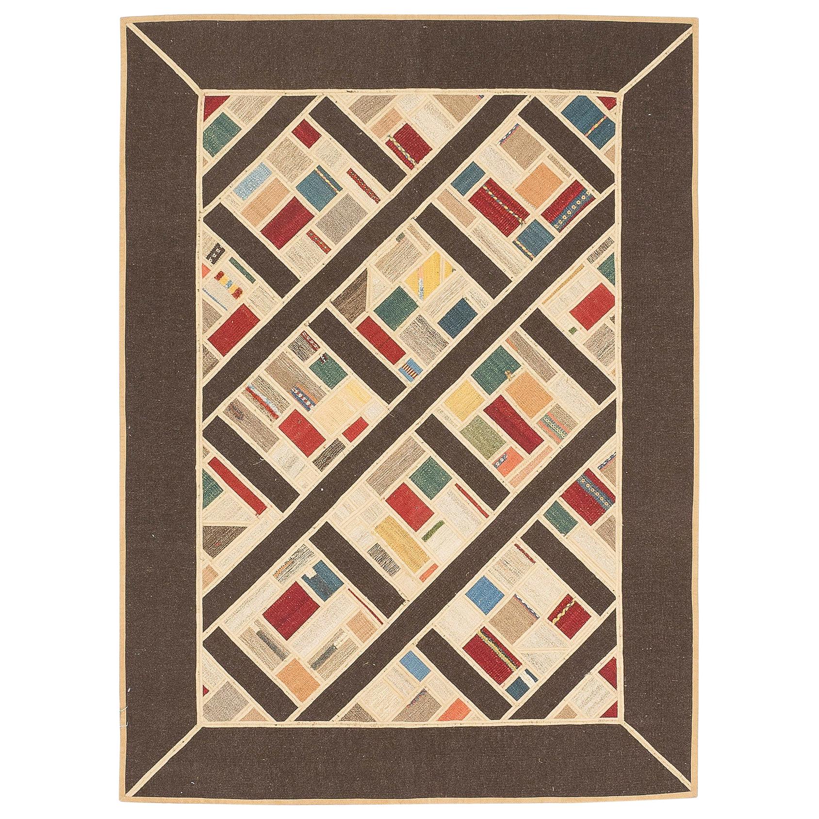 Modern Turkish Patch Kilim Rug with Colored Squares Pattern