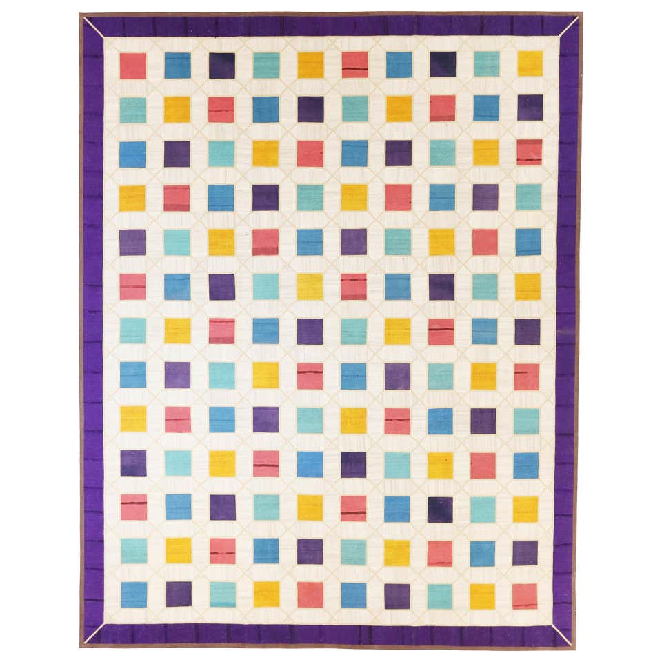 Modernist Vintage Square Rug with Polychrome Thunderbolt Pattern For ...