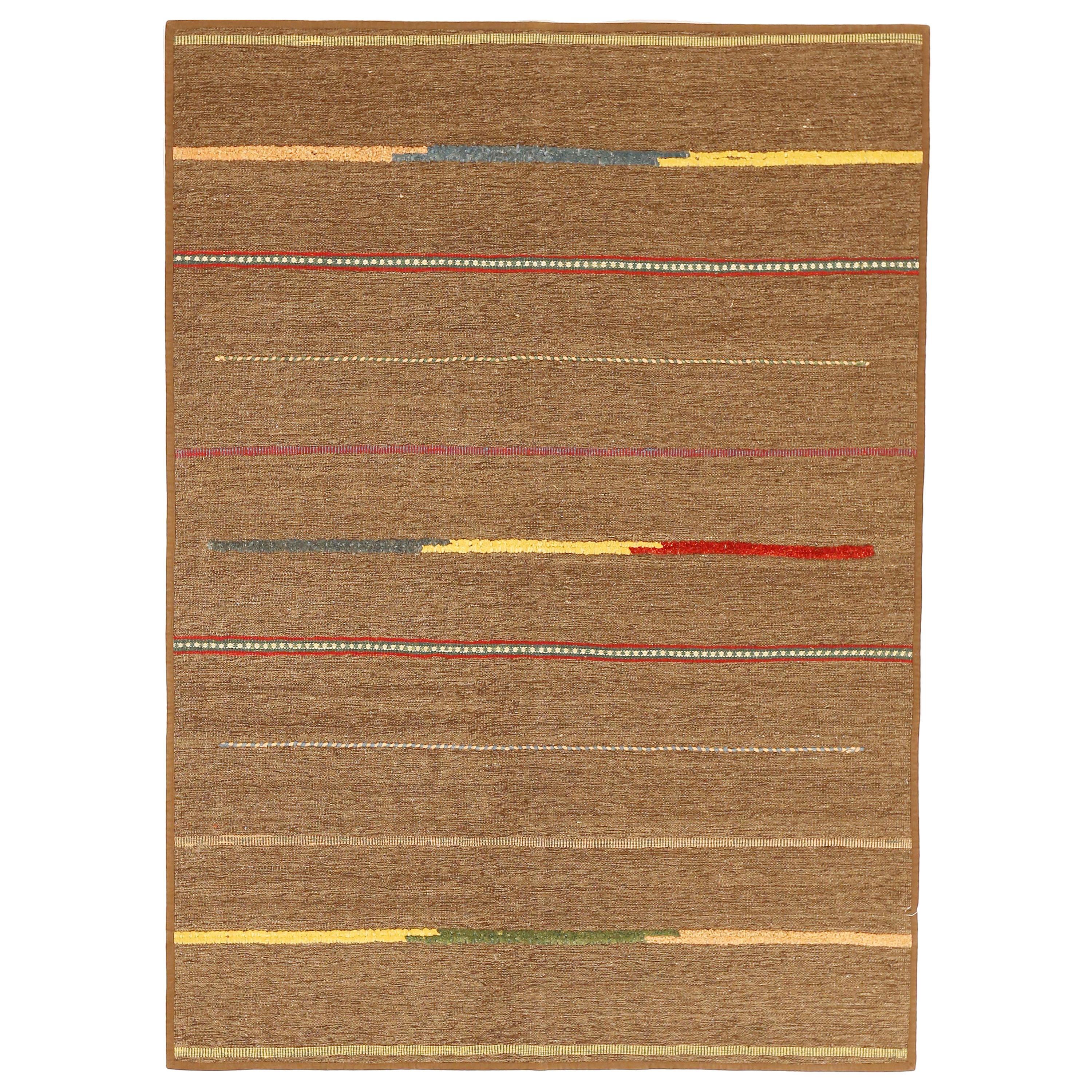 Modern Turkish Patch Kilim Rug with Colored Stripes on Brown Field For Sale