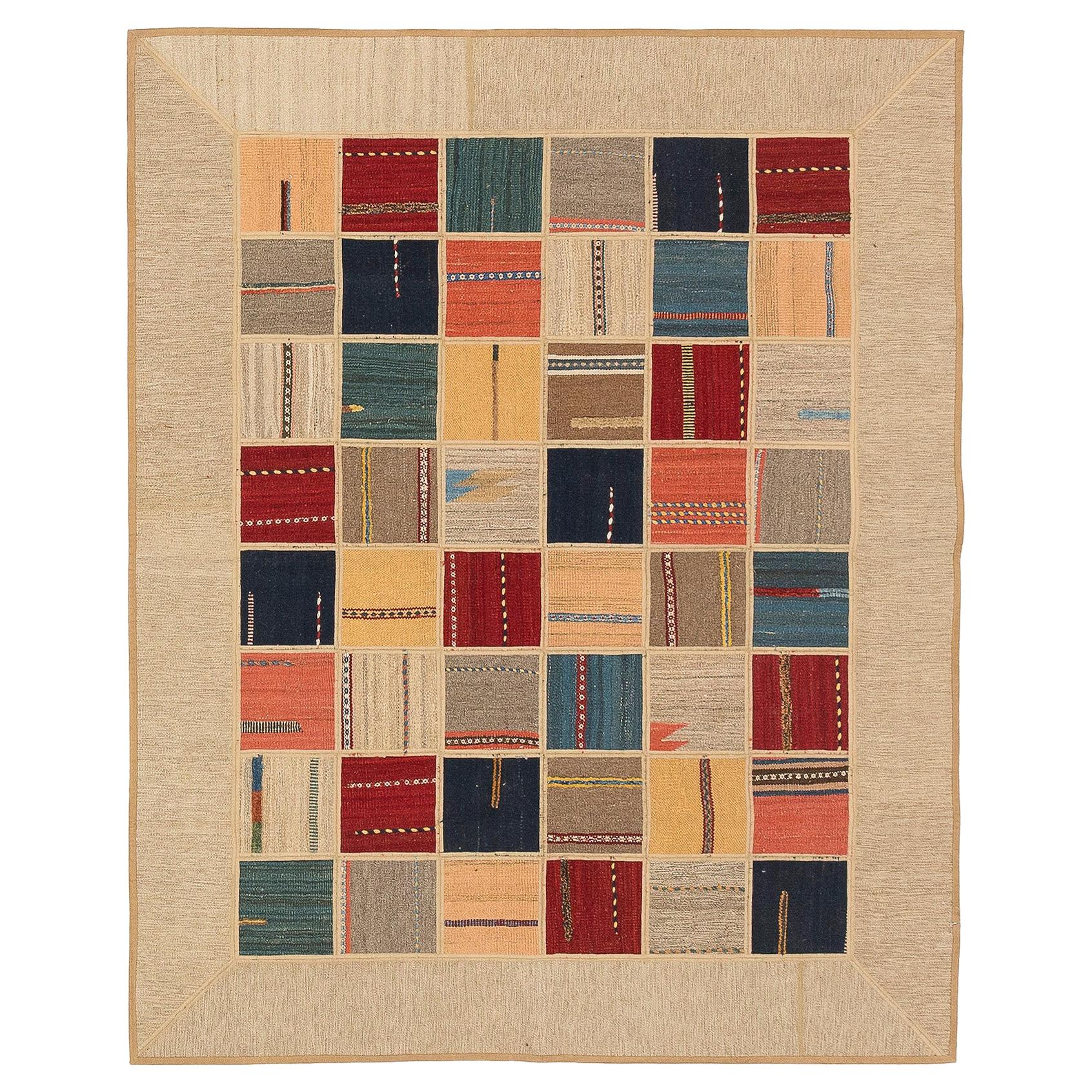 Modern Turkish Patch Kilim Rug with Colored Tiles on Ivory Field