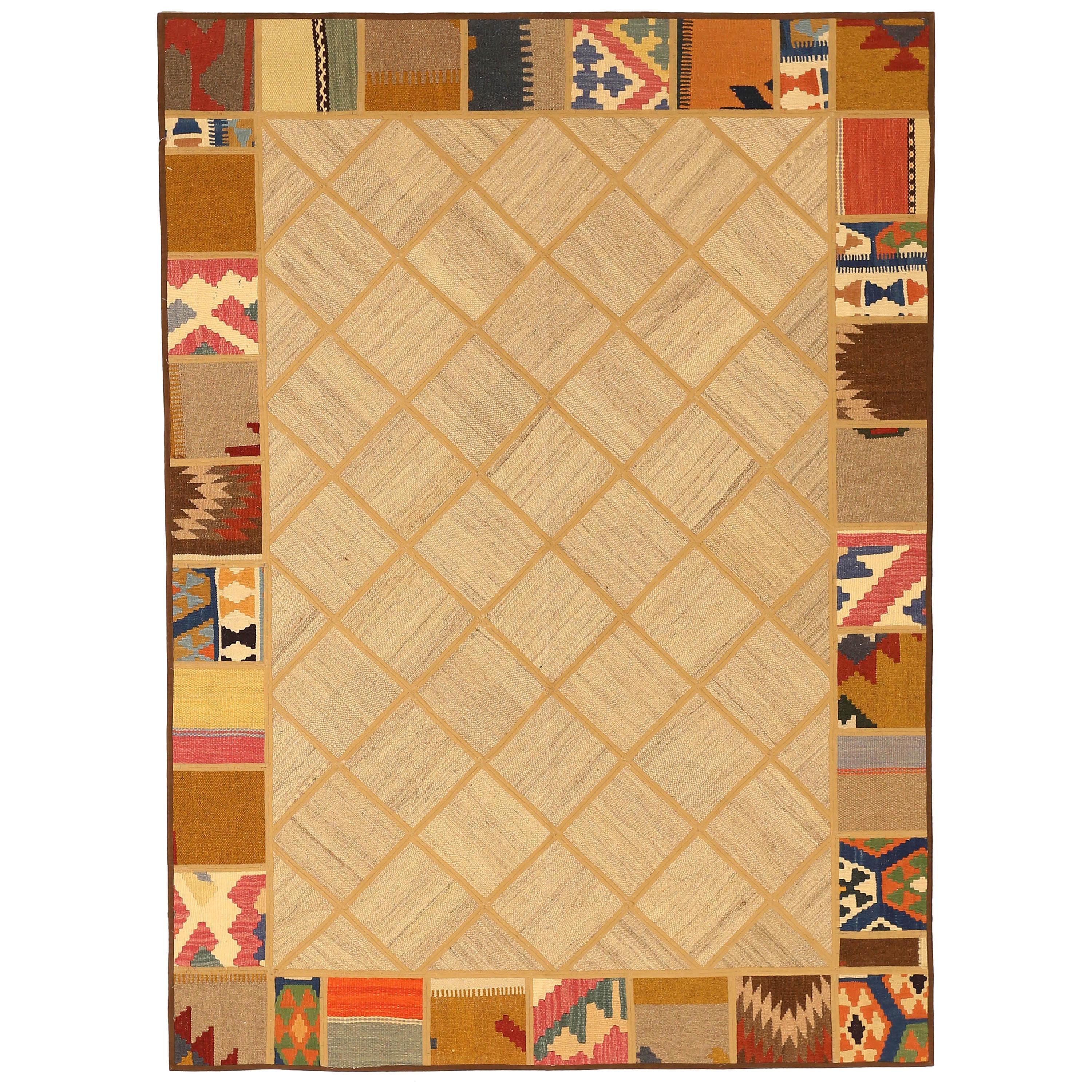Modern Turkish Patch Kilim Rug with Colored Tribal and Geometric Details For Sale