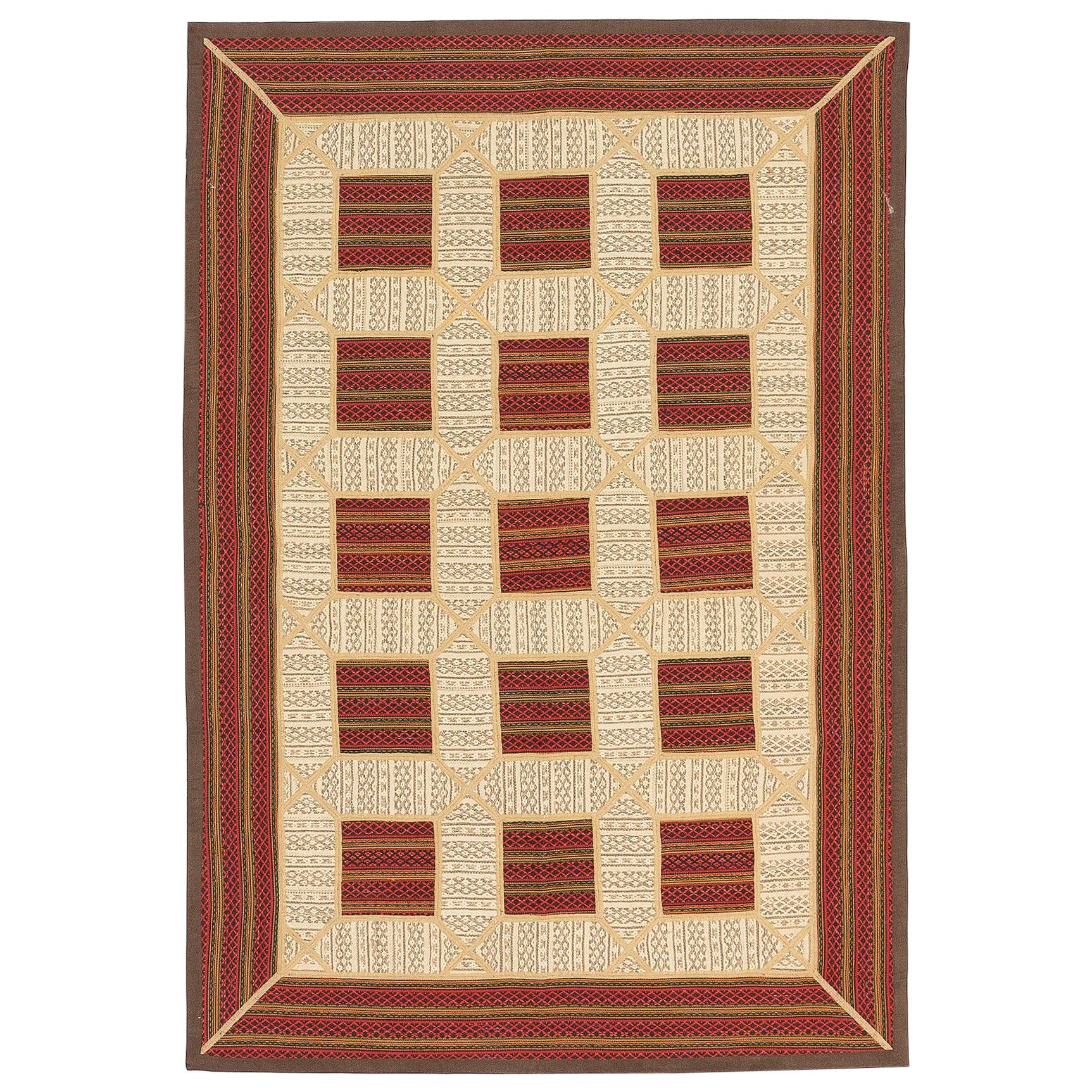Modern Turkish Patch Kilim Rug with Ivory and Red Squares