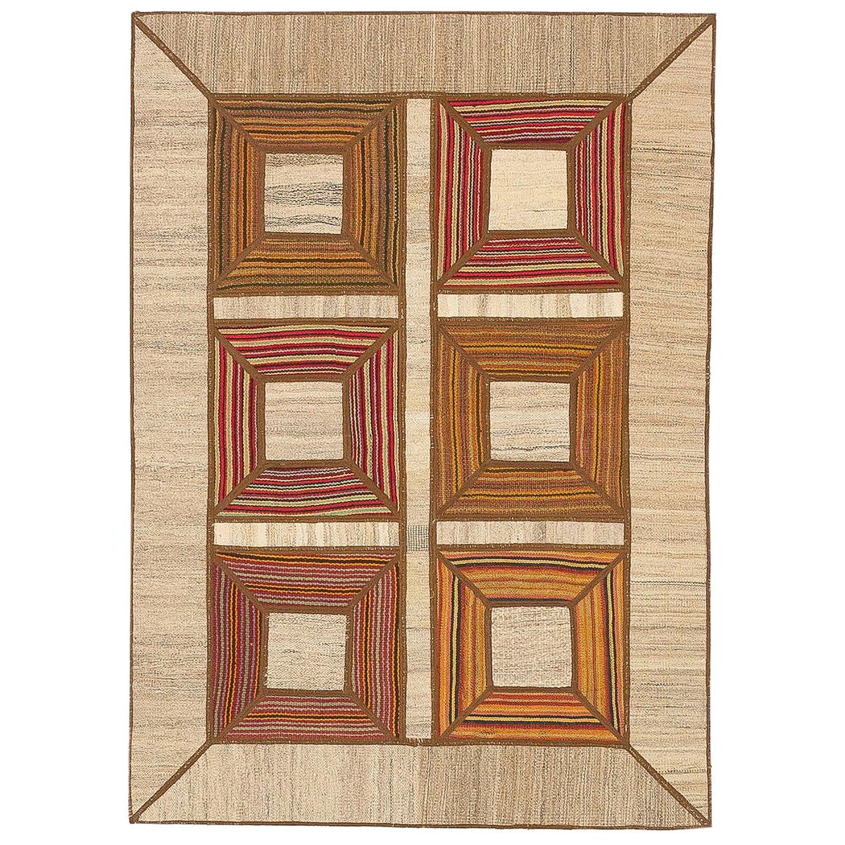 Modern Turkish Patch Kilim Rug with Orange and Red Squares