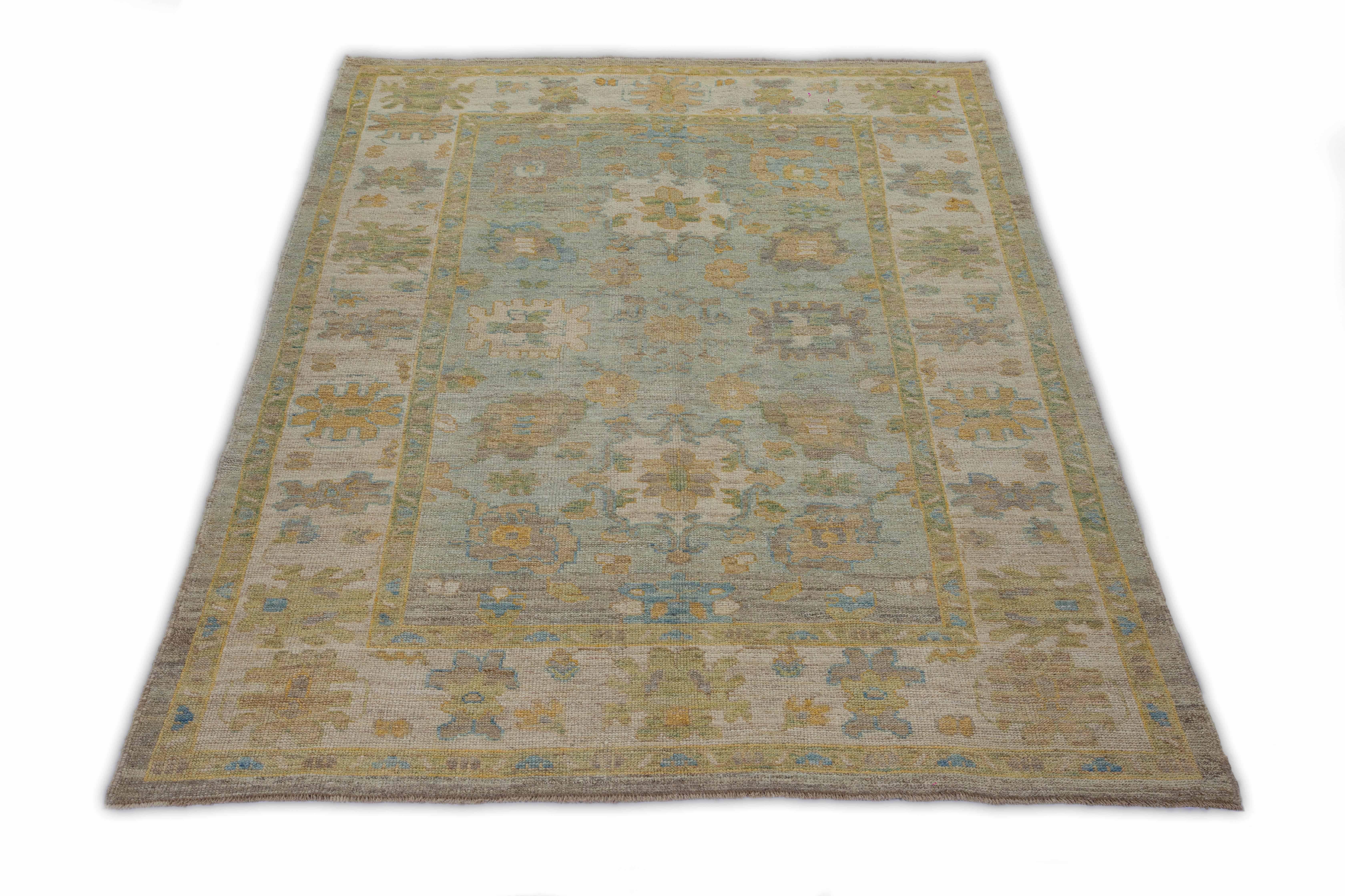 Hand-Woven Modern Turkish Rug Handwoven Oushak Style with Blue and Beige Mixed Floral Field For Sale
