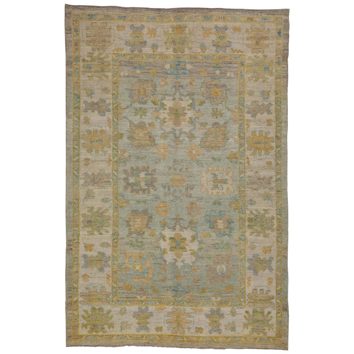 Modern Turkish Rug Handwoven Oushak Style with Blue and Beige Mixed Floral Field For Sale