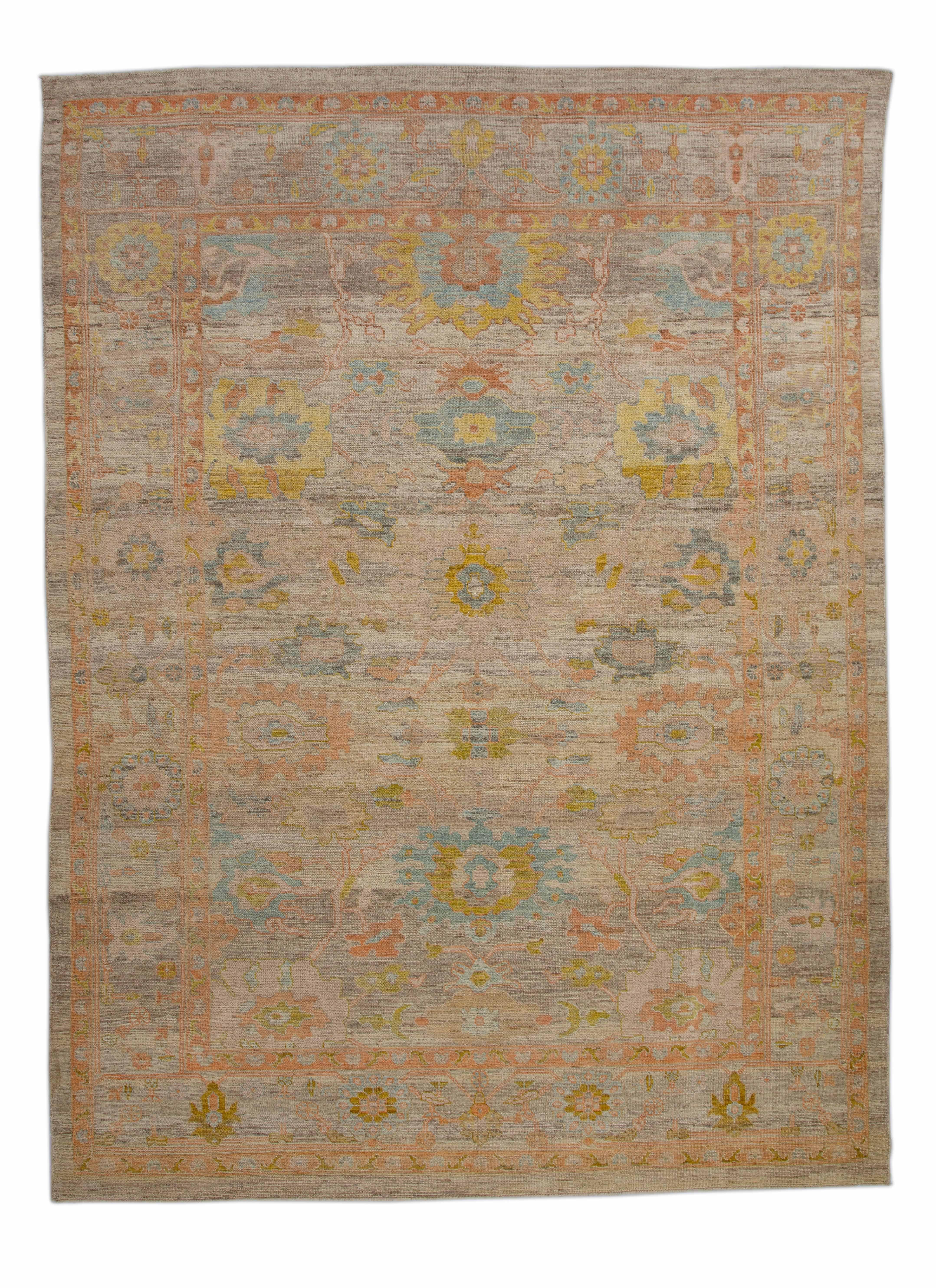 Modern Turkish Rug Handwoven Oushak Style with Colorful Flower Medallion Details For Sale 3