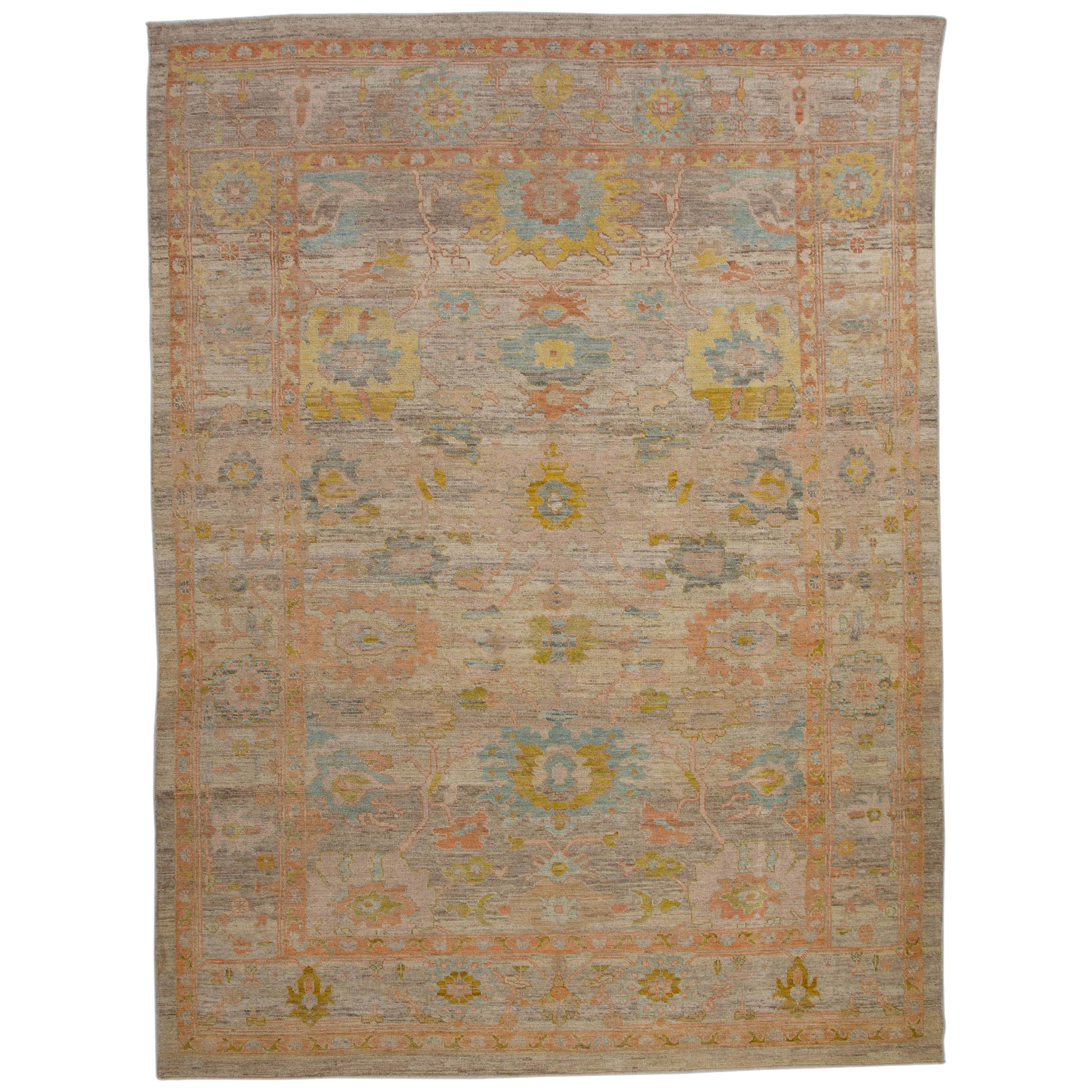 Modern Turkish Rug Handwoven Oushak Style with Colorful Flower Medallion Details For Sale