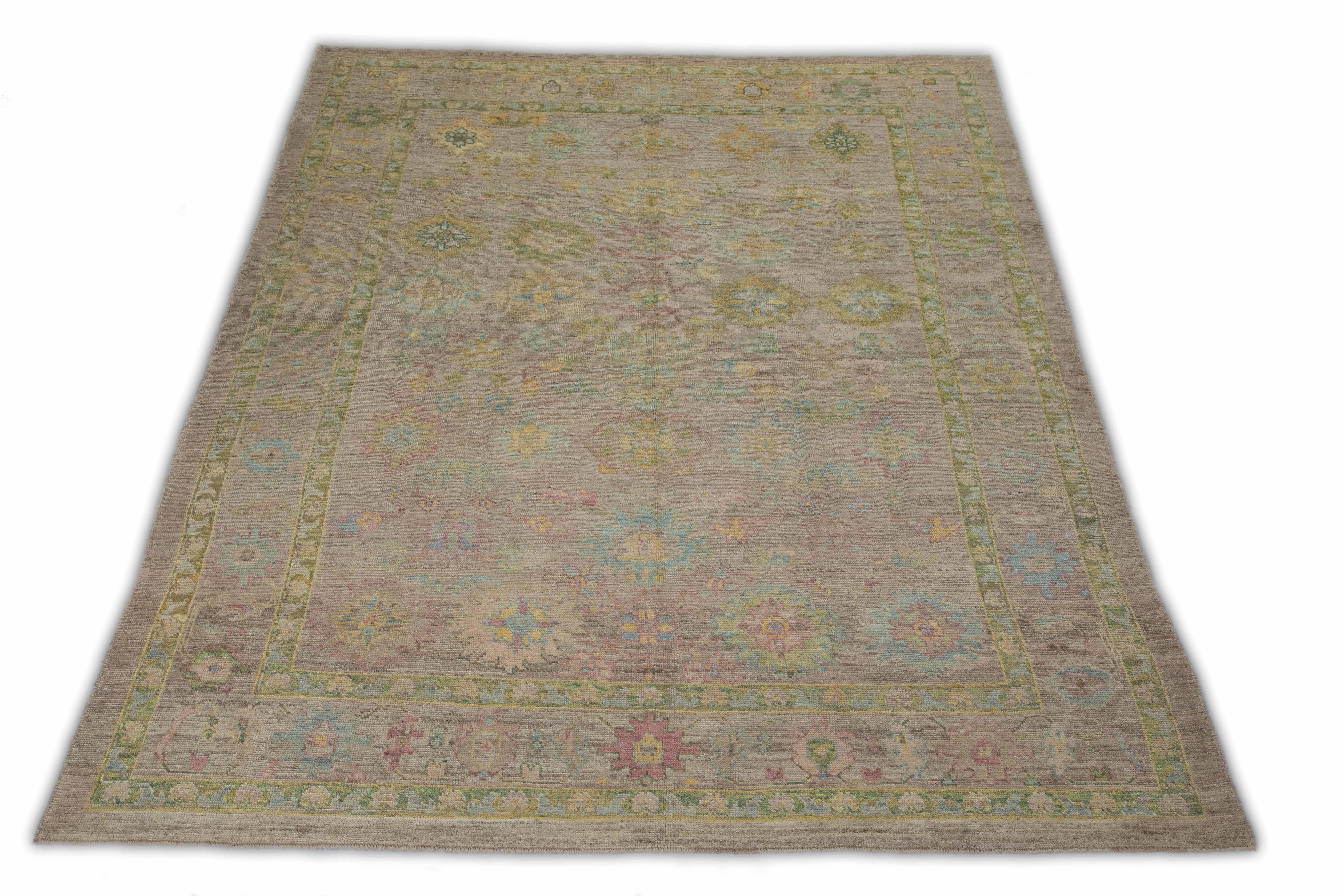 Modern Turkish Rug Oushak Weave with Beige and Purple Floral Field In New Condition For Sale In Dallas, TX