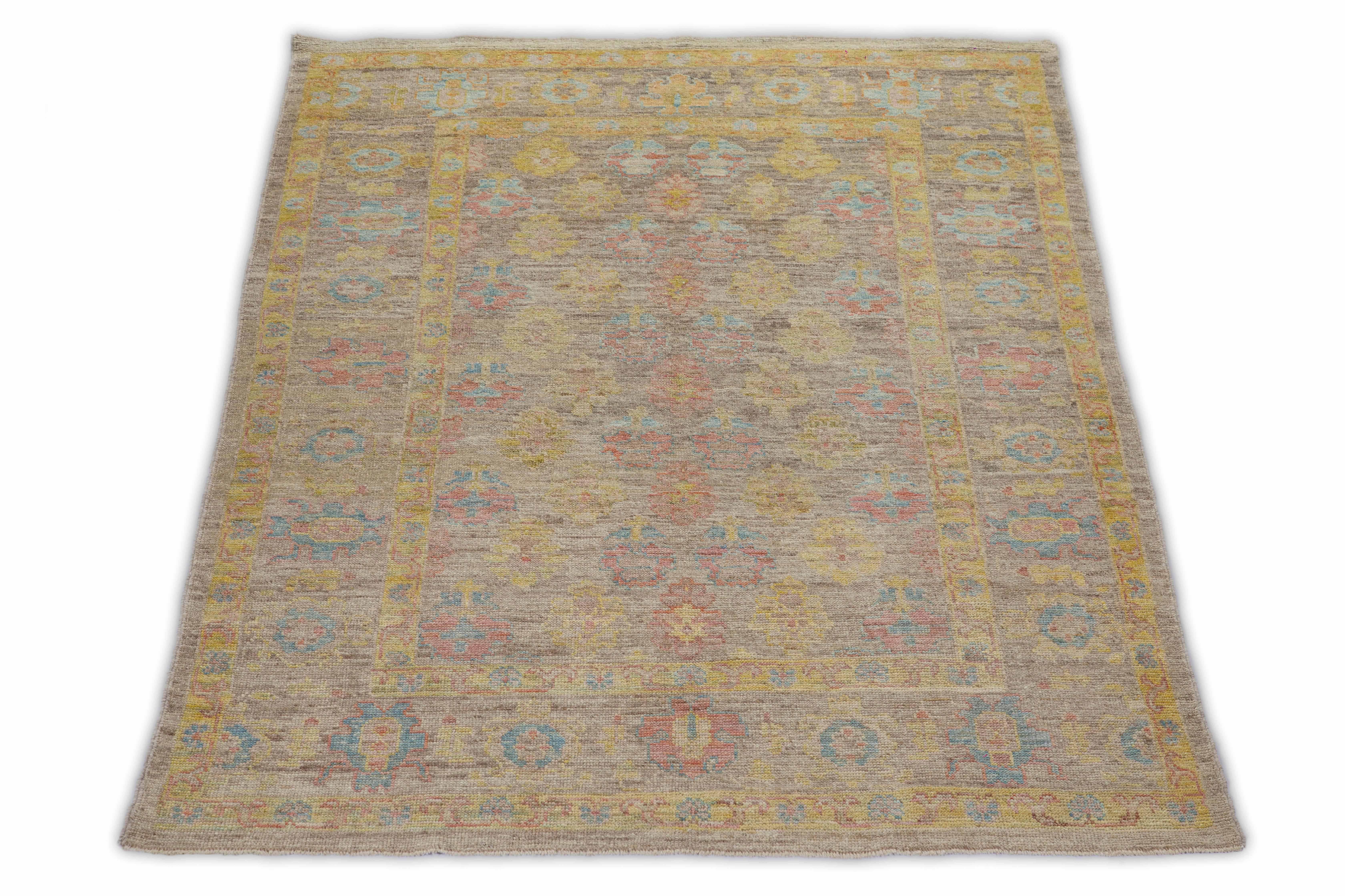 Hand-Woven Modern Turkish Rug Oushak Weave with Blue and Pink Allover Floral Design For Sale