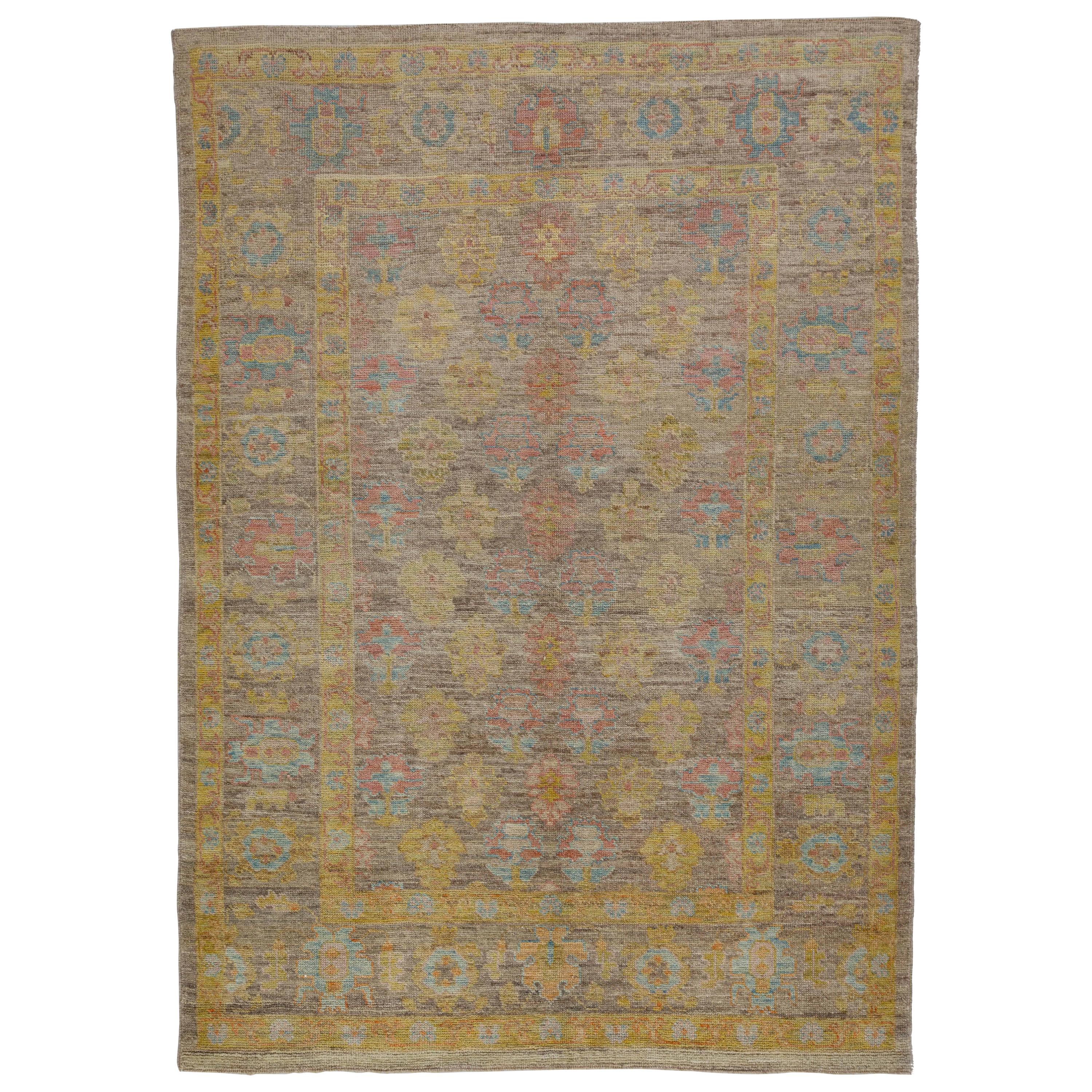 Modern Turkish Rug Oushak Weave with Blue and Pink Allover Floral Design For Sale