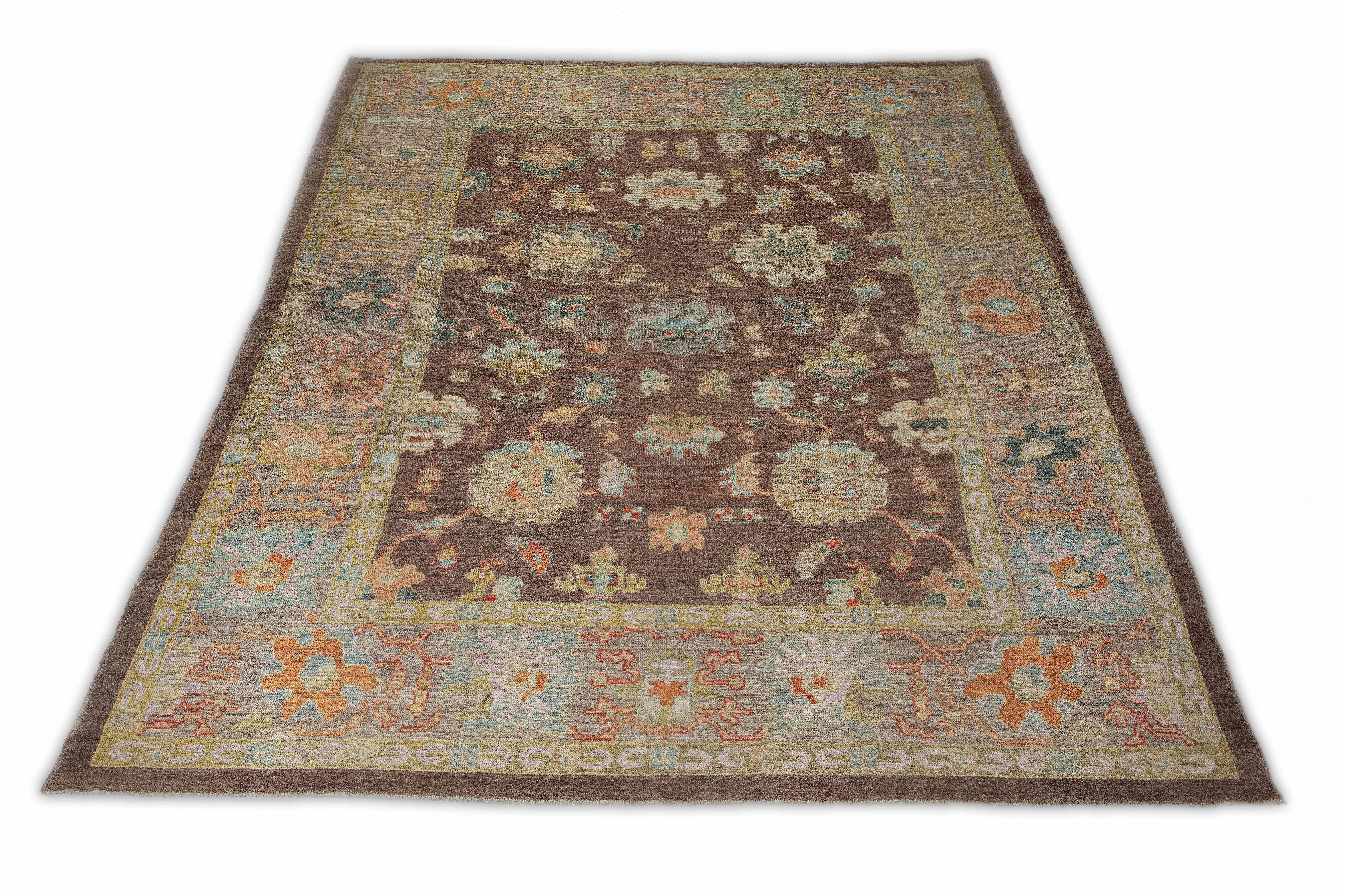 Hand-Woven Modern Turkish Rug Oushak Weave with Brown Field and Multicolored Floral Details For Sale