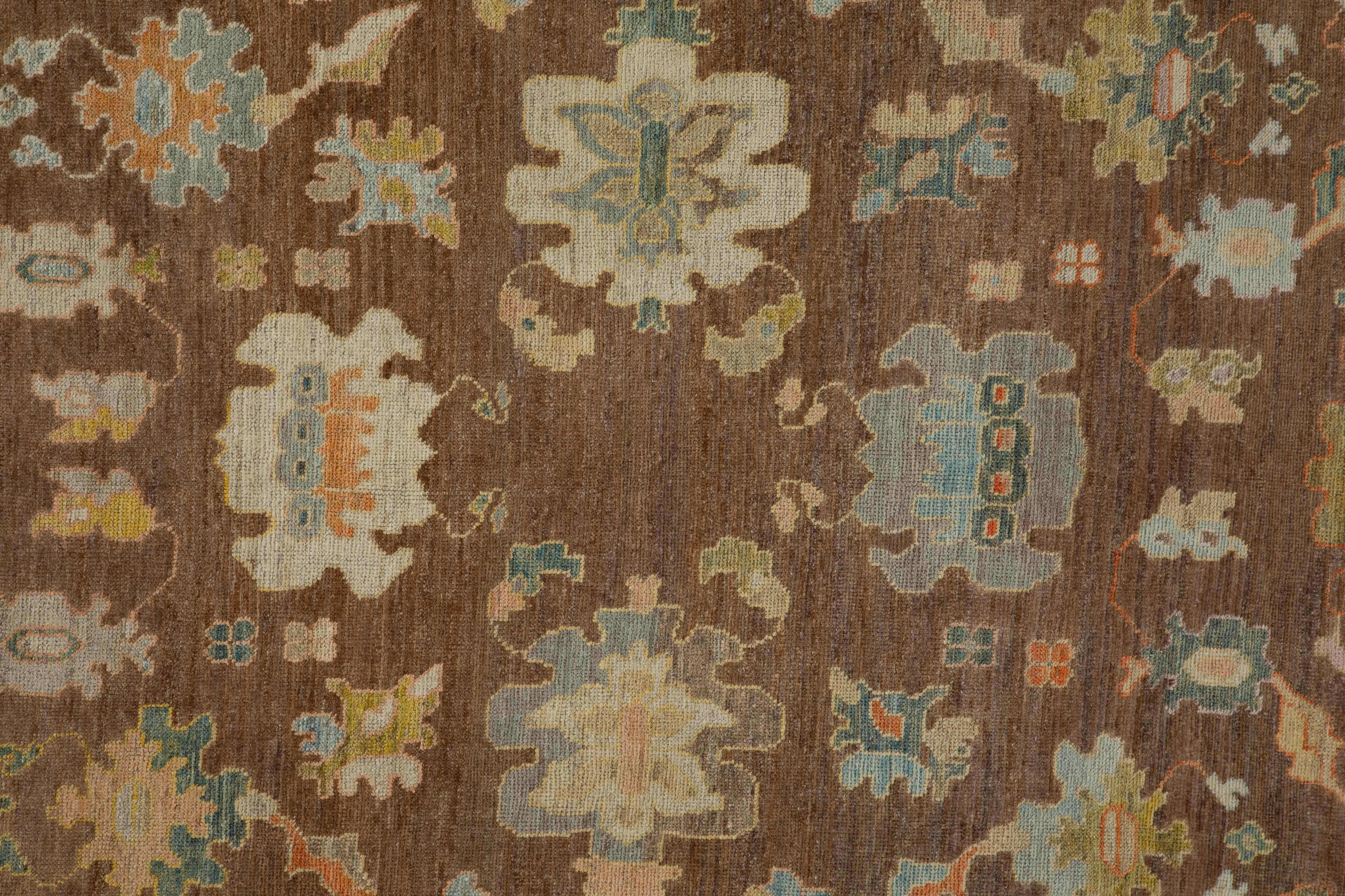 Modern Turkish Rug Oushak Weave with Brown Field and Multicolored Floral Details In New Condition For Sale In Dallas, TX