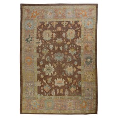 Modern Turkish Rug Oushak Weave with Brown Field and Multicolored Floral Details