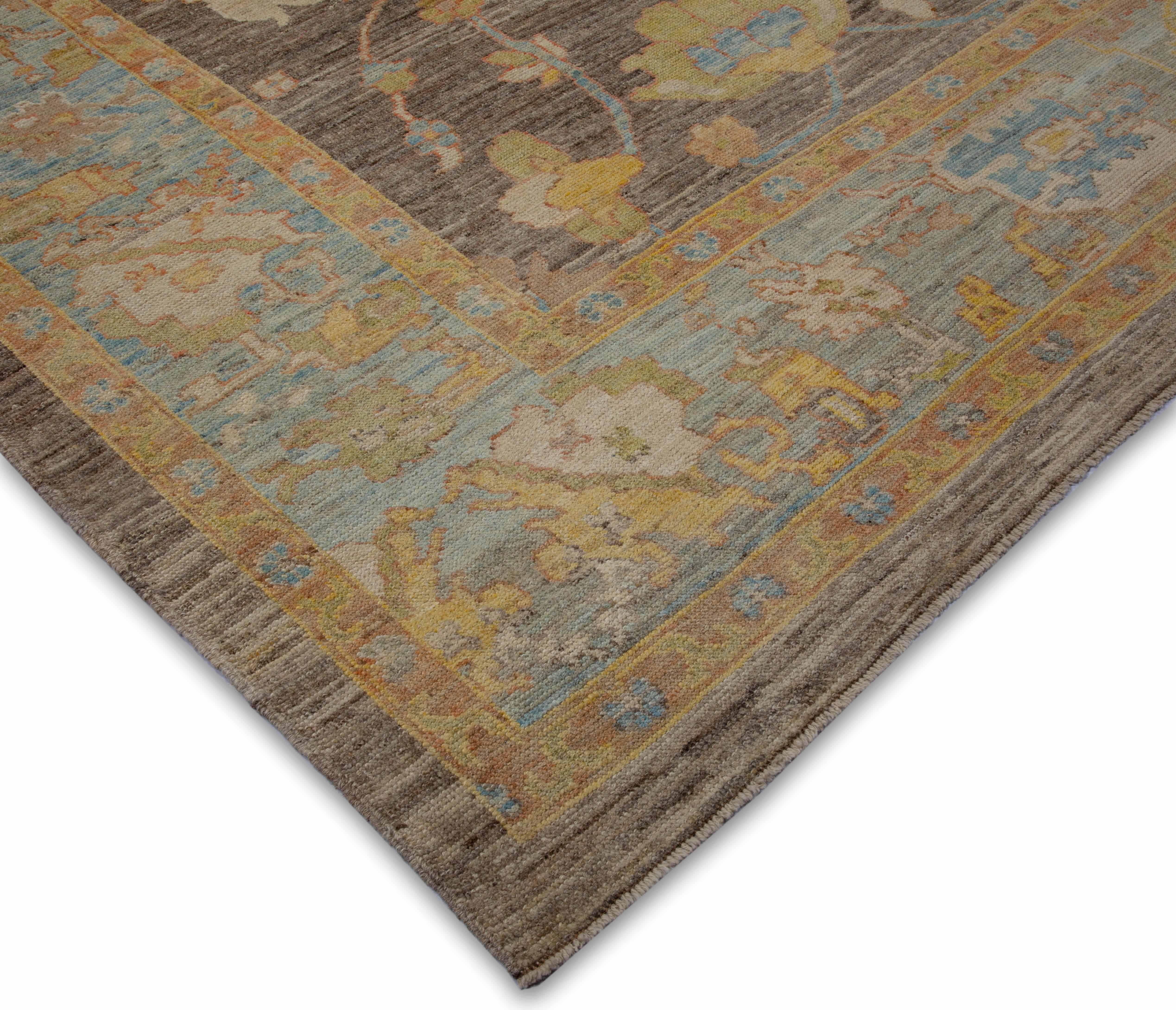Modern Turkish Rug Oushak Weave with Festive Terracotta Floral Design Details In New Condition For Sale In Dallas, TX