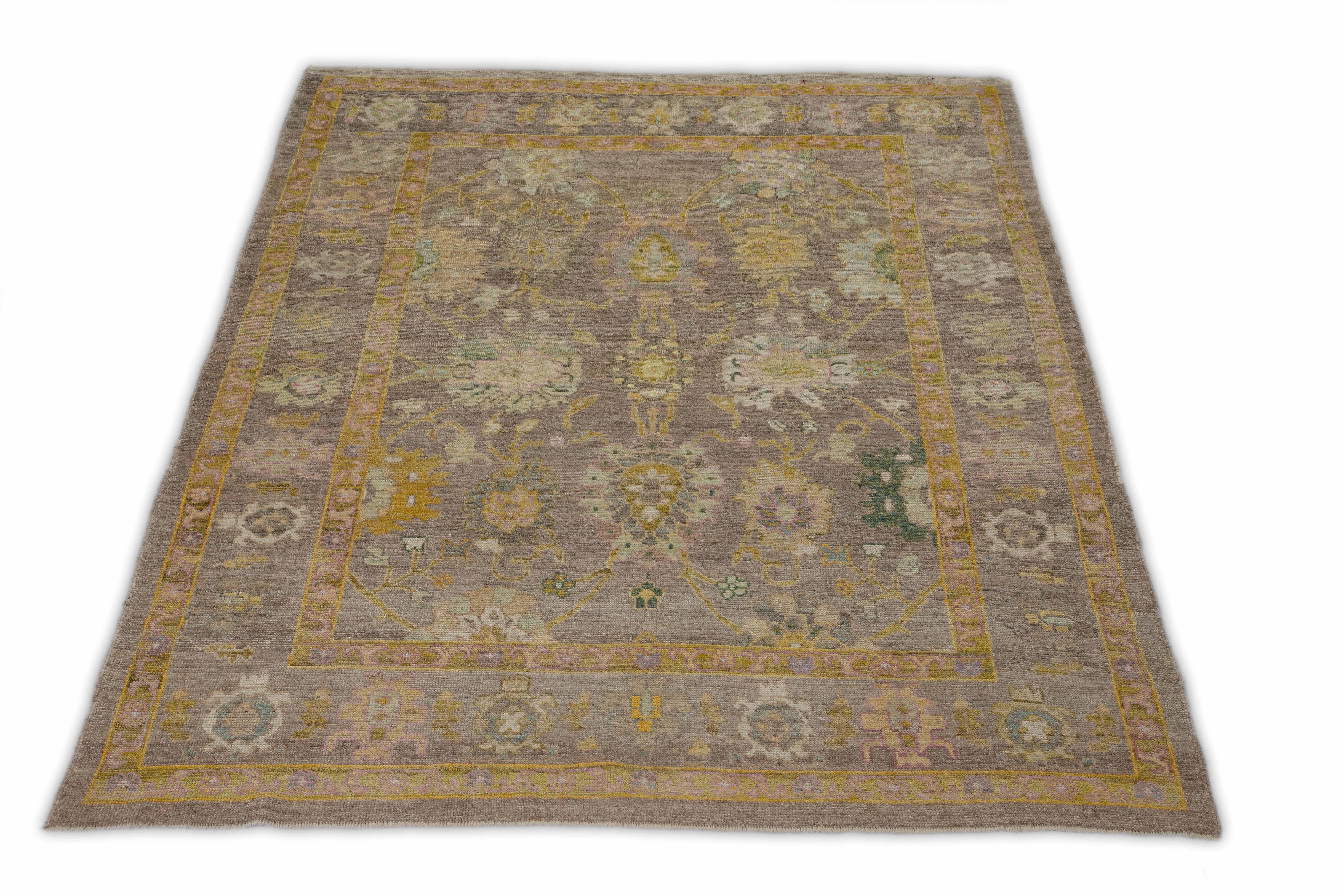 Hand-Woven Modern Turkish Rug Oushak Weave with Garden and Blooming Flowers Design For Sale