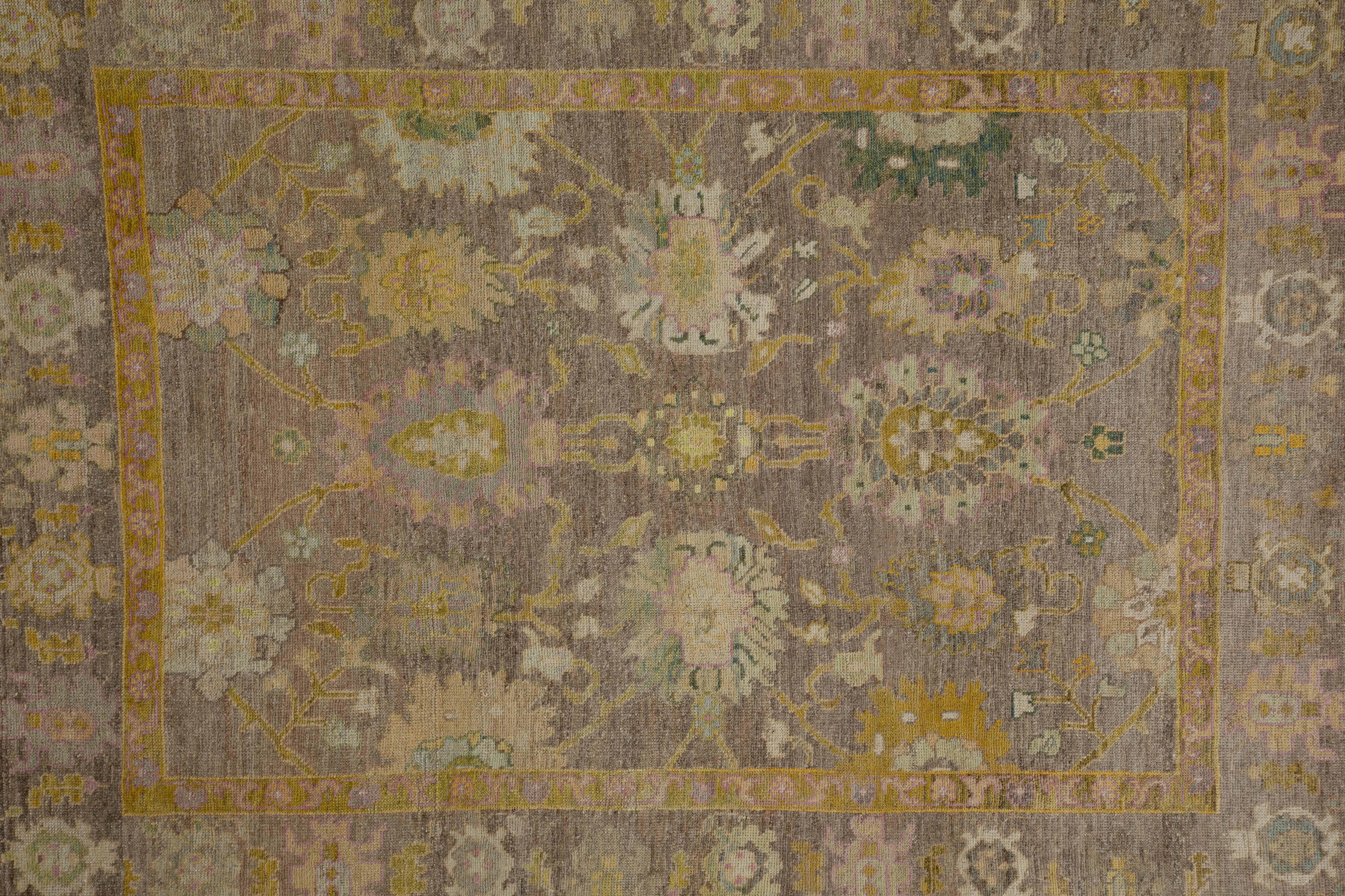 Wool Modern Turkish Rug Oushak Weave with Garden and Blooming Flowers Design For Sale