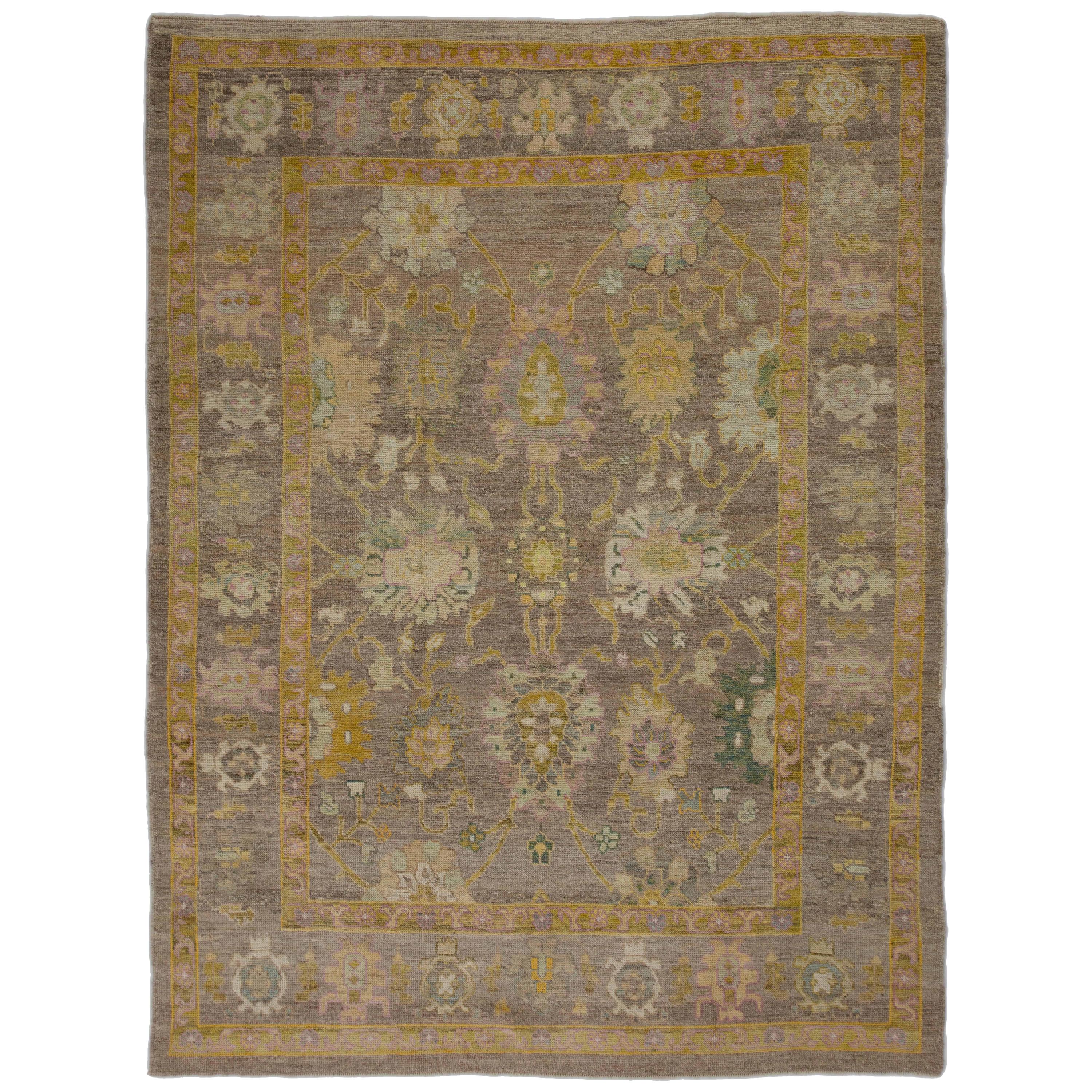 Modern Turkish Rug Oushak Weave with Garden and Blooming Flowers Design For Sale