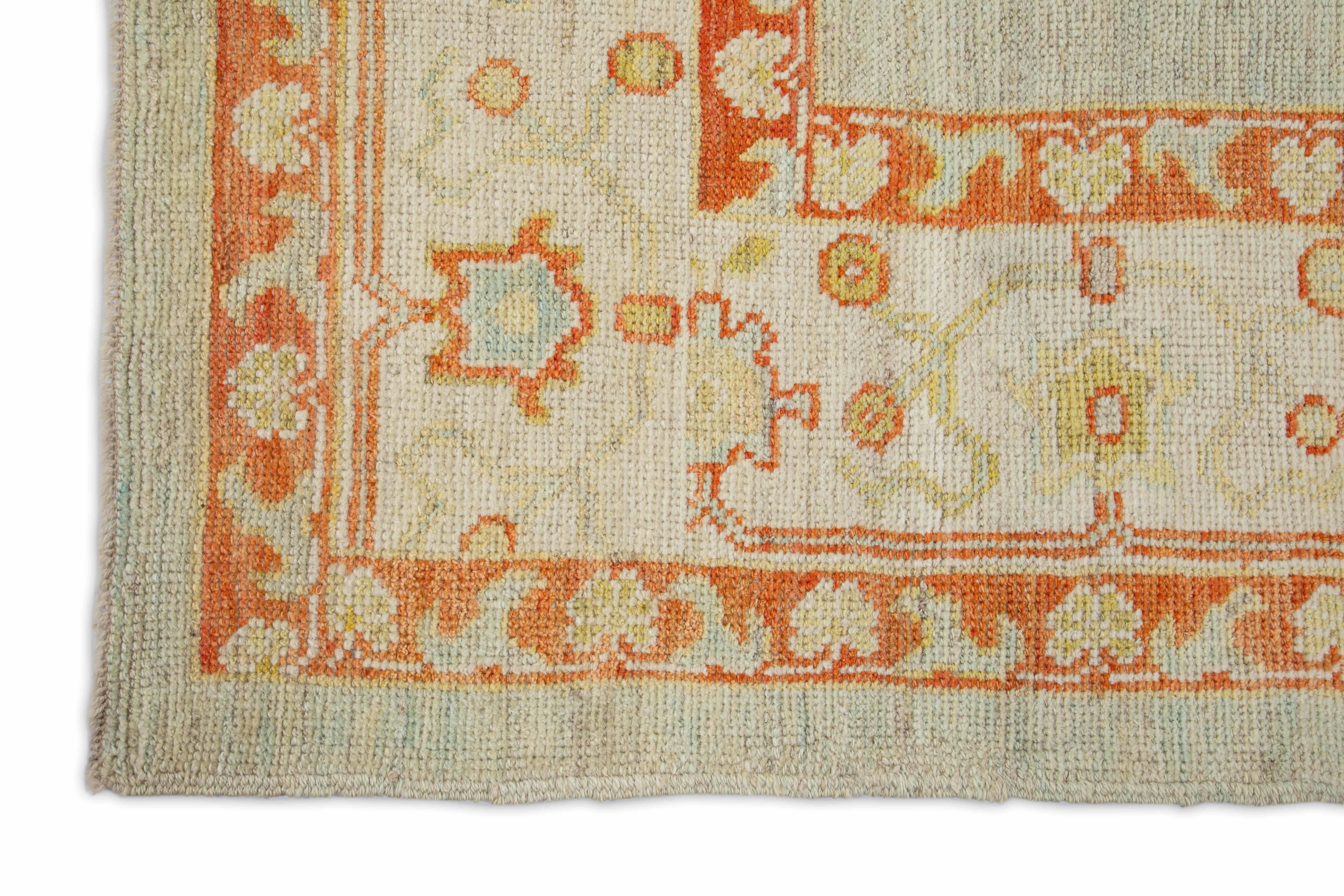 Persian Modern Turkish Rug Oushak Weave with Ivory and Blue Floral Medallion Fields For Sale