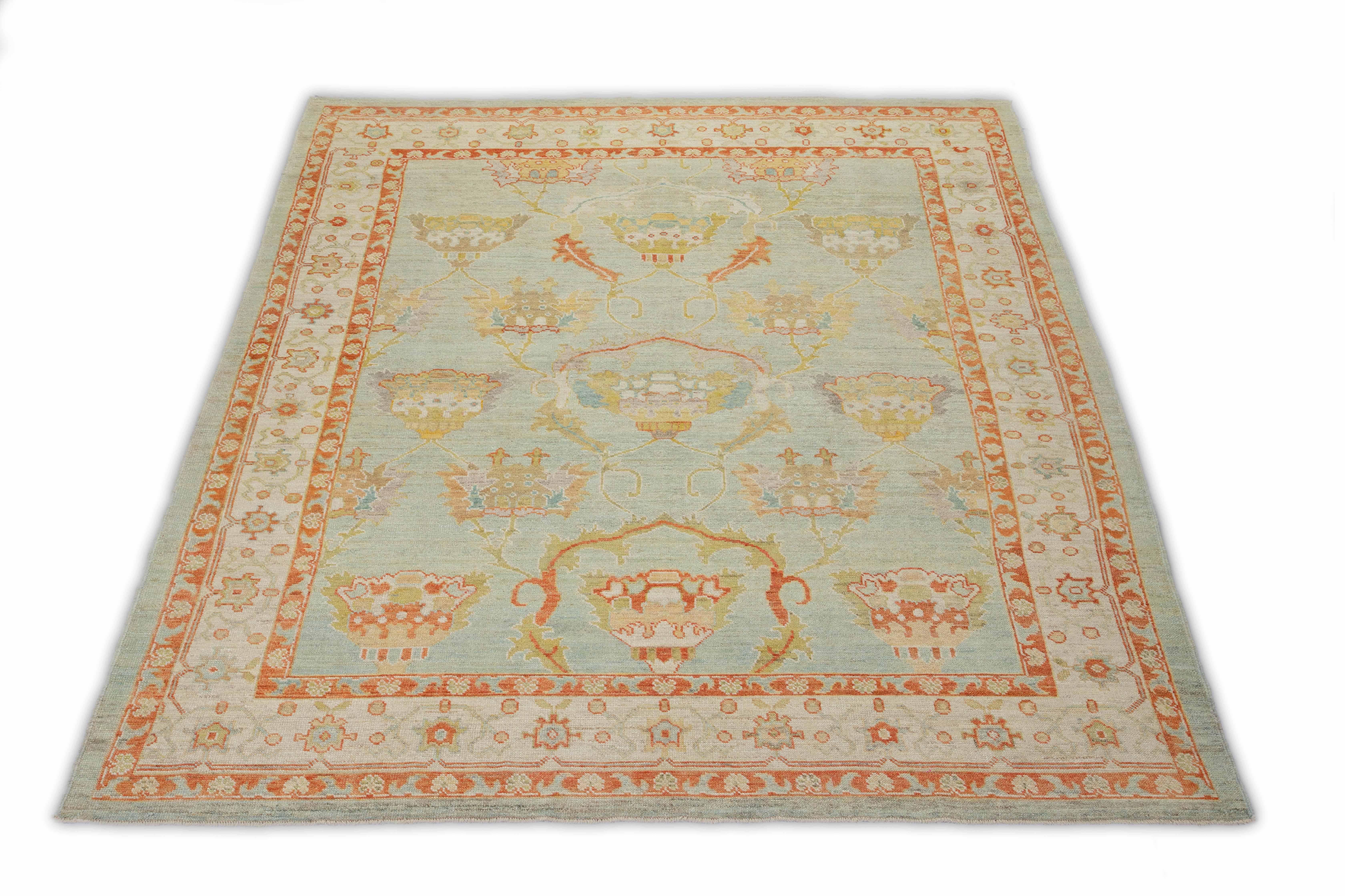 Hand-Woven Modern Turkish Rug Oushak Weave with Ivory and Blue Floral Medallion Fields For Sale