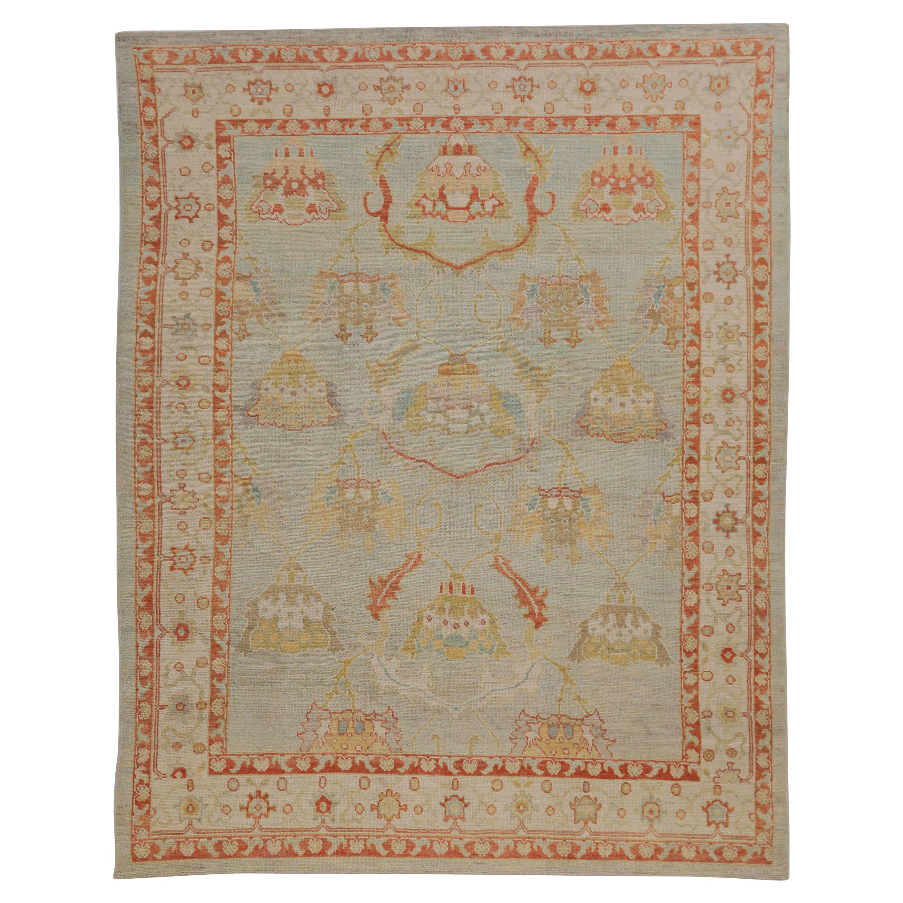 Modern Turkish Rug Oushak Weave with Ivory and Blue Floral Medallion Fields