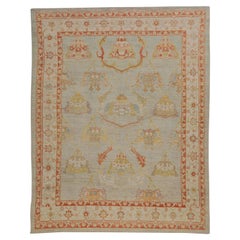 Modern Turkish Rug Oushak Weave with Ivory and Blue Floral Medallion Fields