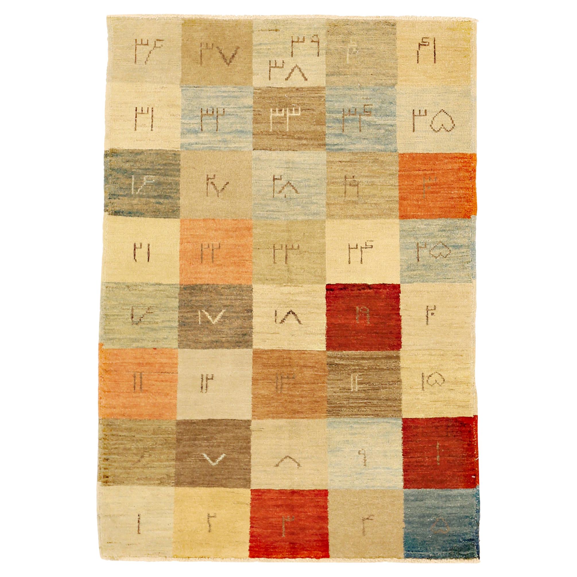 Modern Turkish Rug with Quirky Colored Tiles and Symbols Design