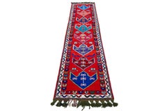 Modern Turkish Runner - Hand-Knotted Wool Red with Geometric Tribal Motif