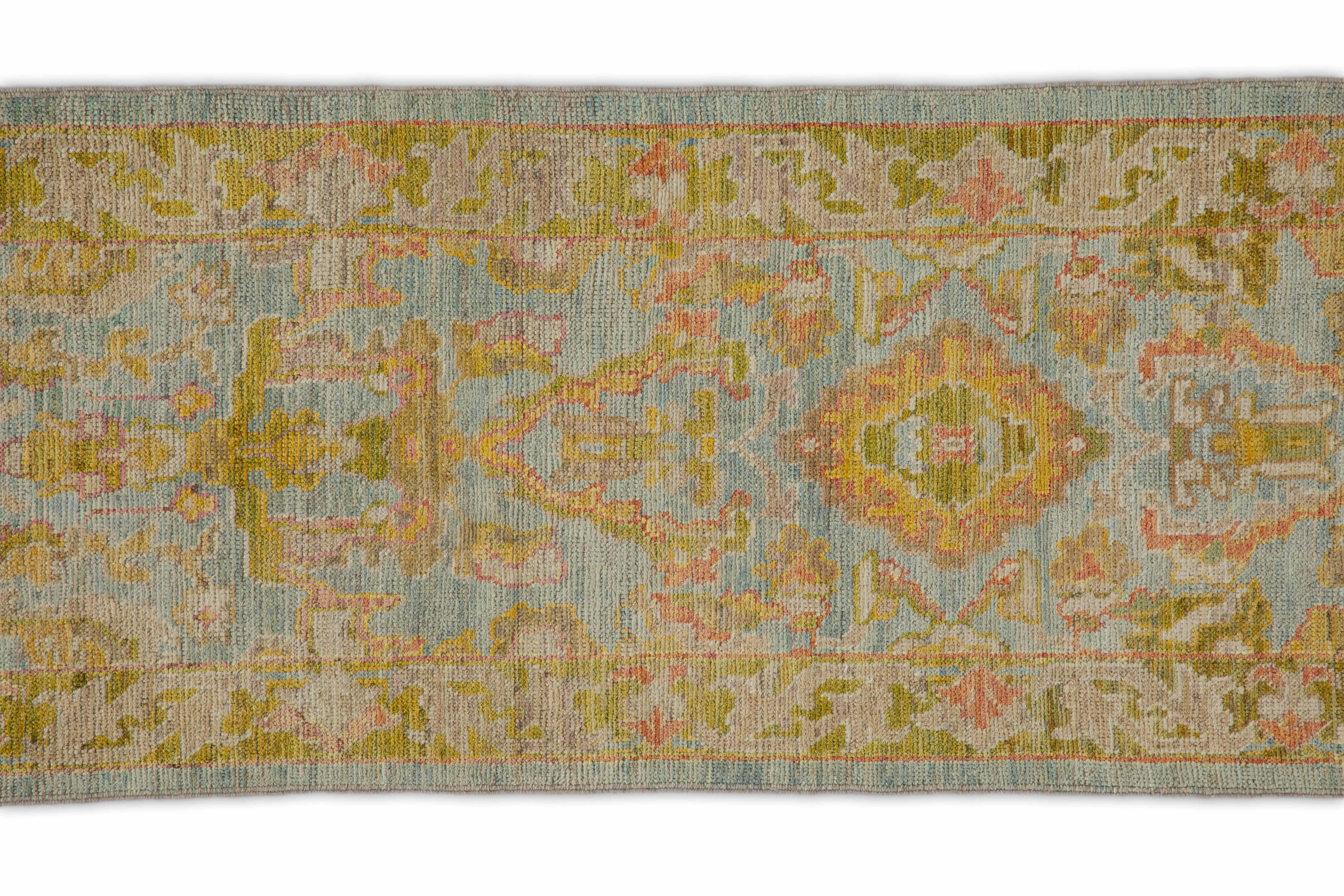 Wool Modern Turkish Runner Rug Oushak Weave with Blue and Pink Floral Details For Sale